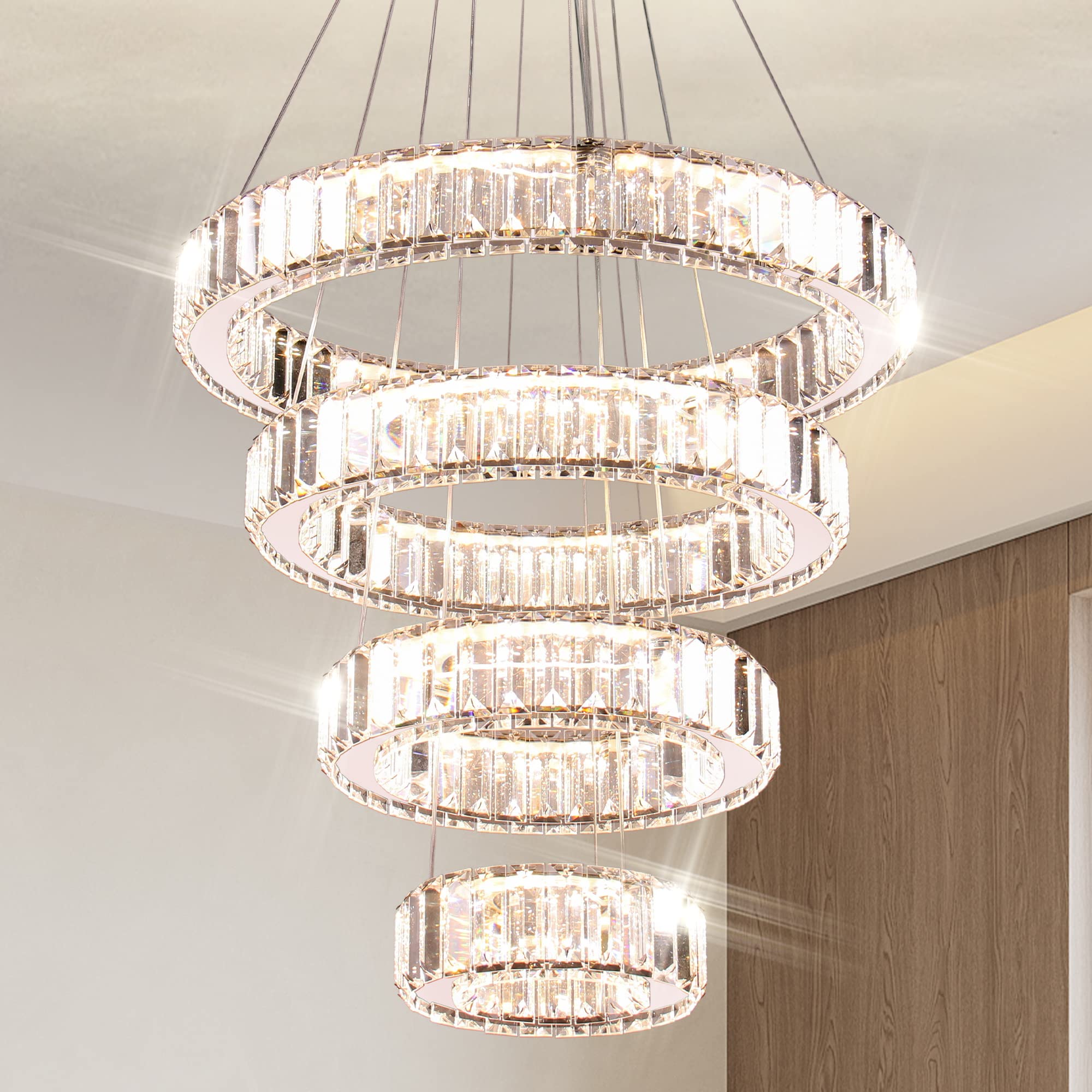 YPQXYHDA Modern Crystal Chandeliers 4 Ring LED Crystal Pendant Light DIY Adjustable High Chandelier for Dining Room Living Room 