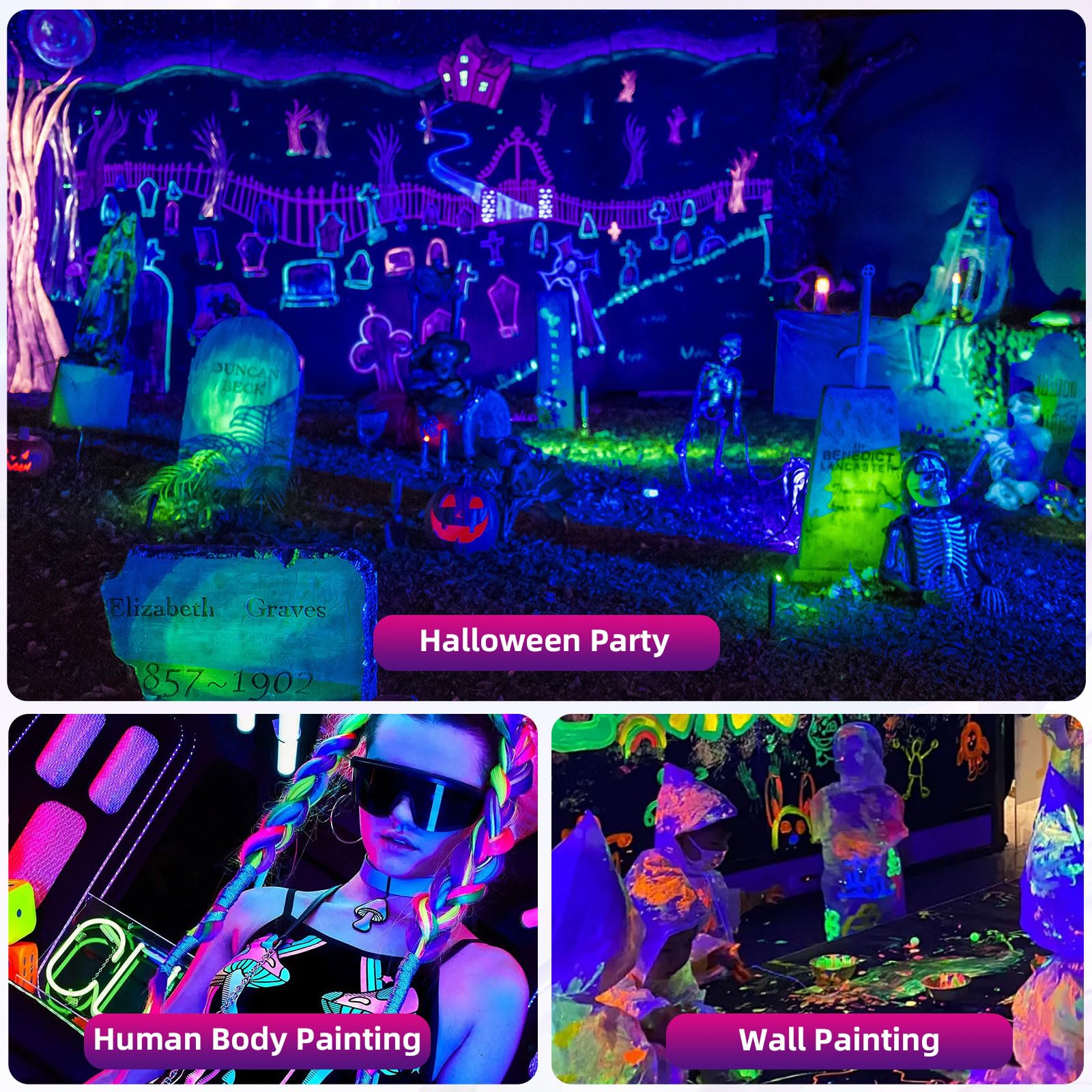 Rechargeable Black Light, Cordless 395Nm Battery Powered Blacklights For Glow Party, Ip65 Waterproof, Body Painting, Fishing, Ha