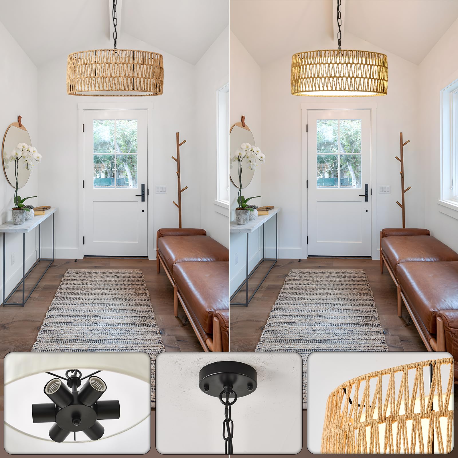 Jtyp Farmhouse Rattan Chandelier Light Fixture, Boho Pendant Light Hand Woven Chandeliers For Dining Room With Fabric Shade, Lar