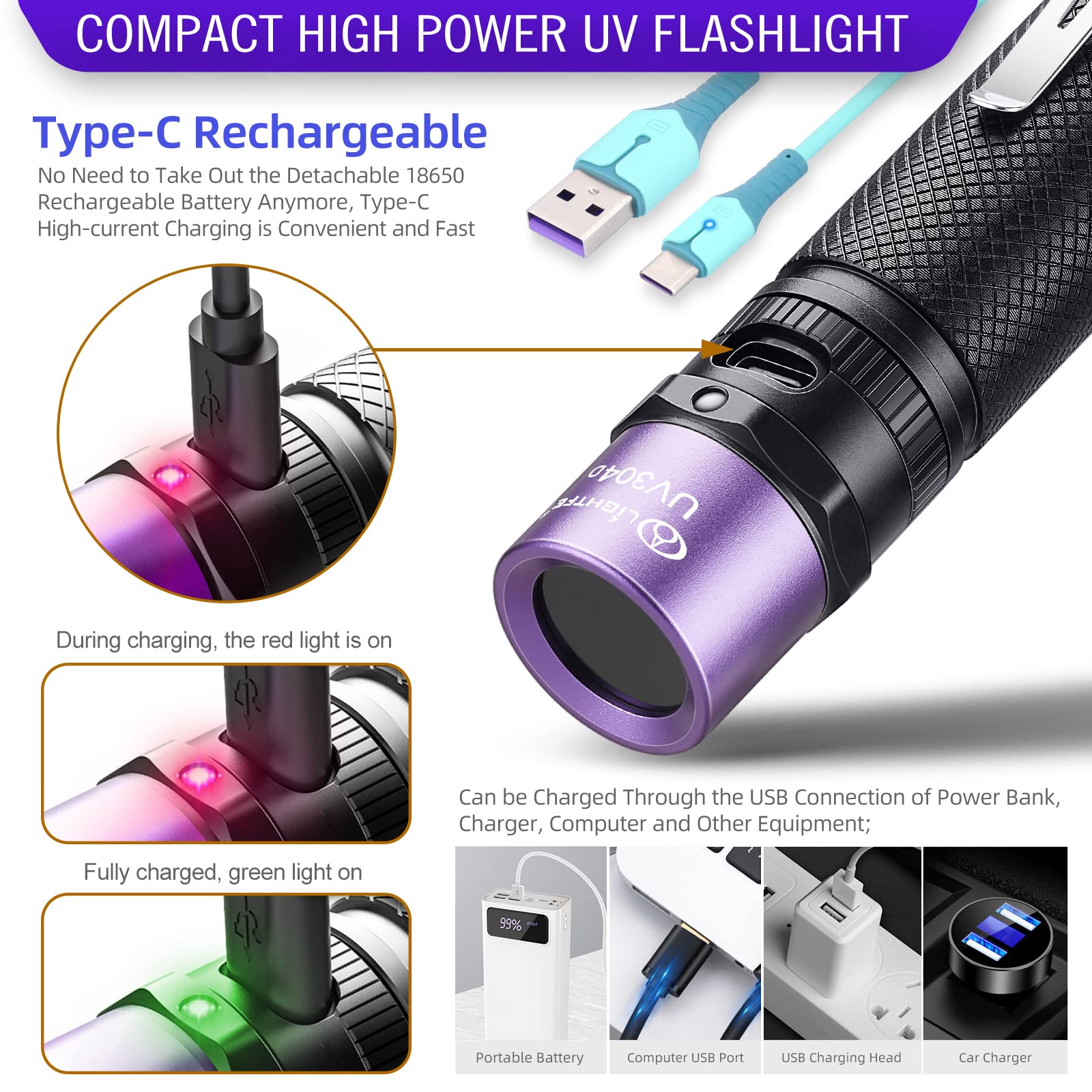 Lightfe Uv304 Uv Flashlight - High Power Ultraviolet - Rechargeable Type-C Can Be Used For Uv Glue Curing, Pet Urine Stains, Ore
