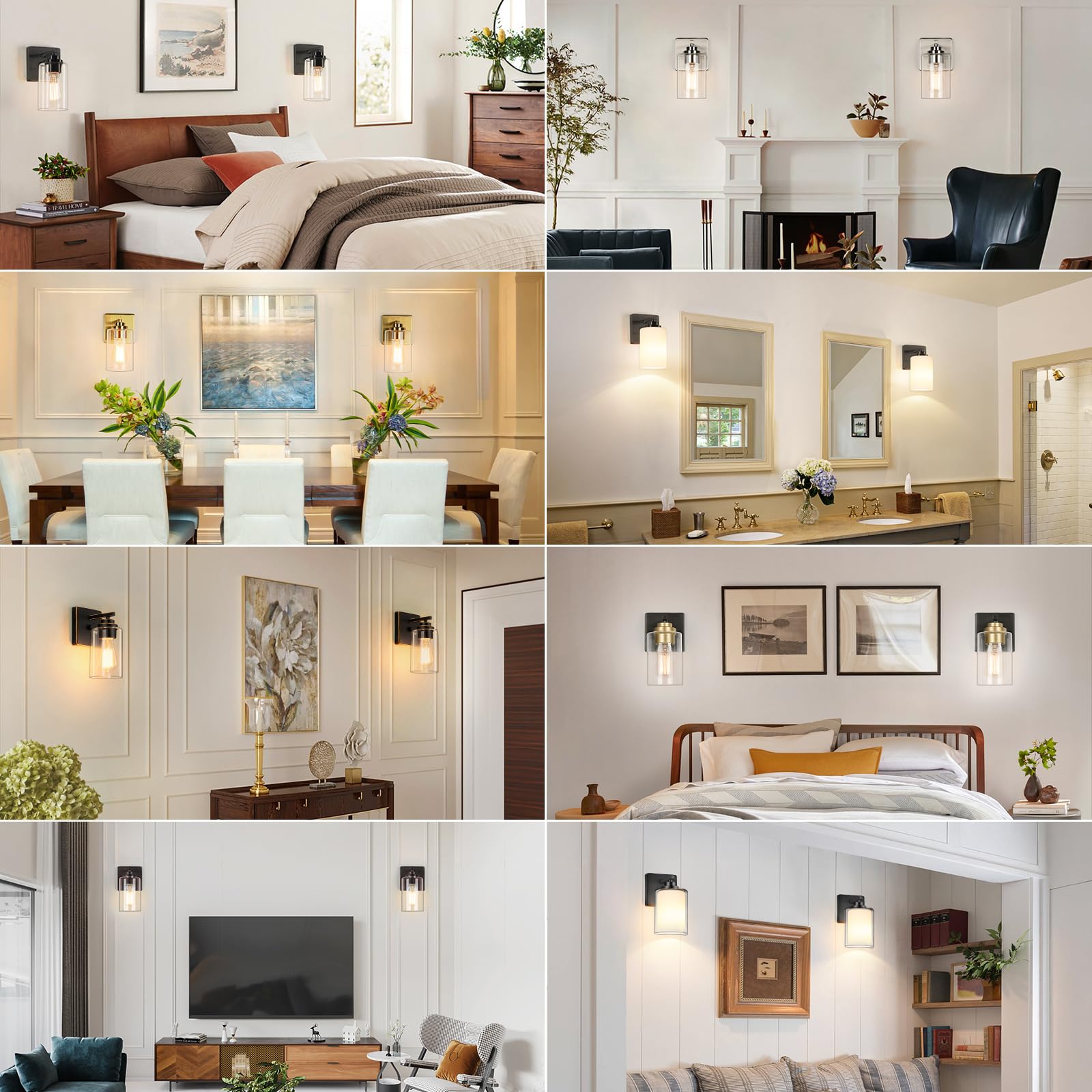 VerRon Set of 2 Wall Sconces, Modern Matte Black Lighting Lanterns, 2-Light, Glass Shade for Bathroom, Bedroom, Hallway