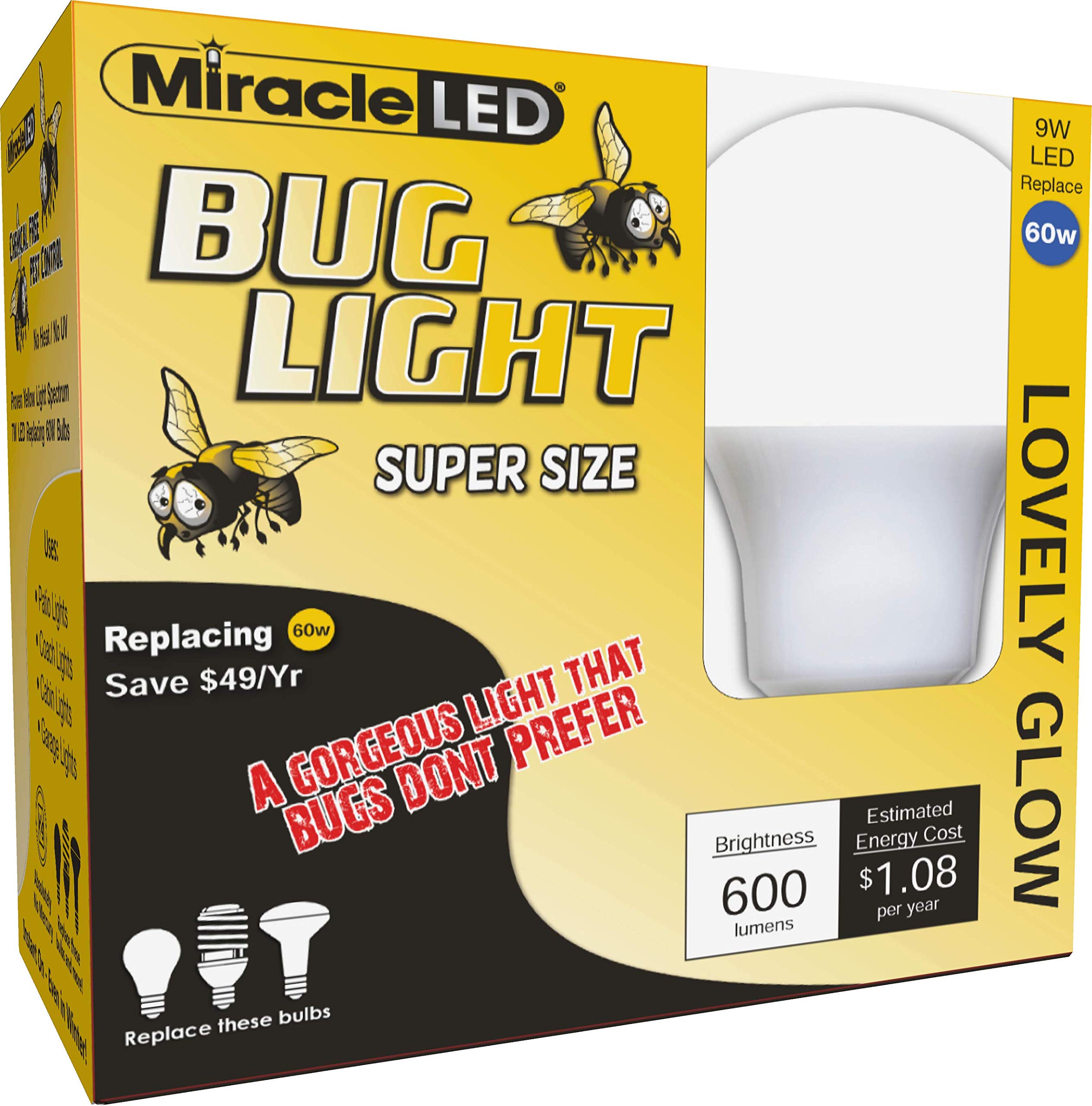 Miracleled 604734 9-Watt Super Bug Light, 395 Lumens, Bug Free Porch And Patio Light, Yellow, 2-Pack