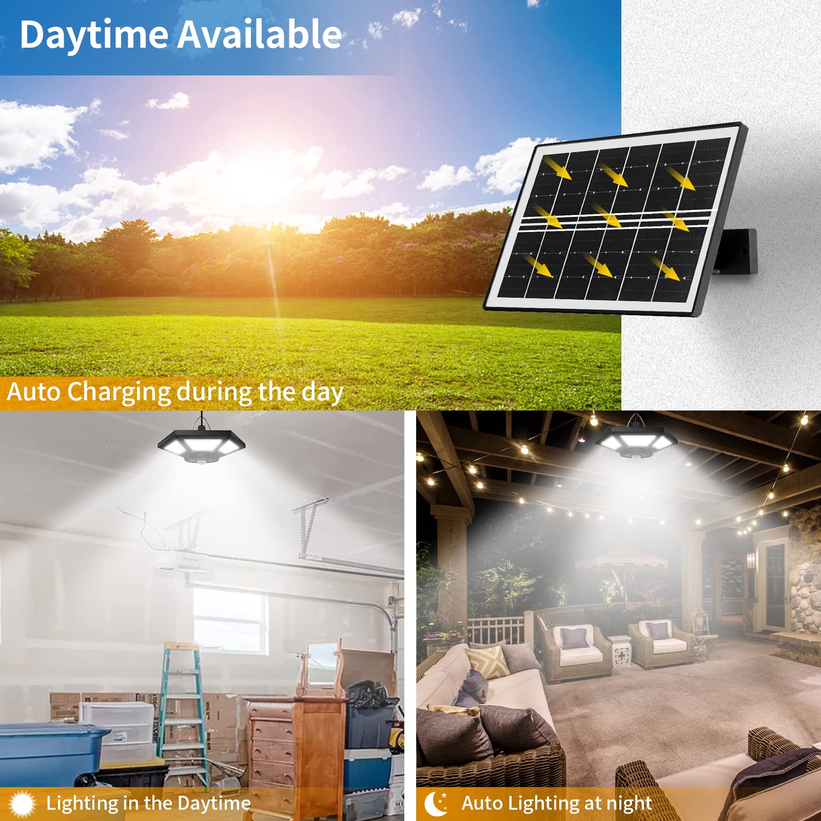 Aqonsie Solar Shed Light - 180LED Indoor/Outdoor Pendant, 5 Lighting Modes, Remote Control, Black, Model L-02