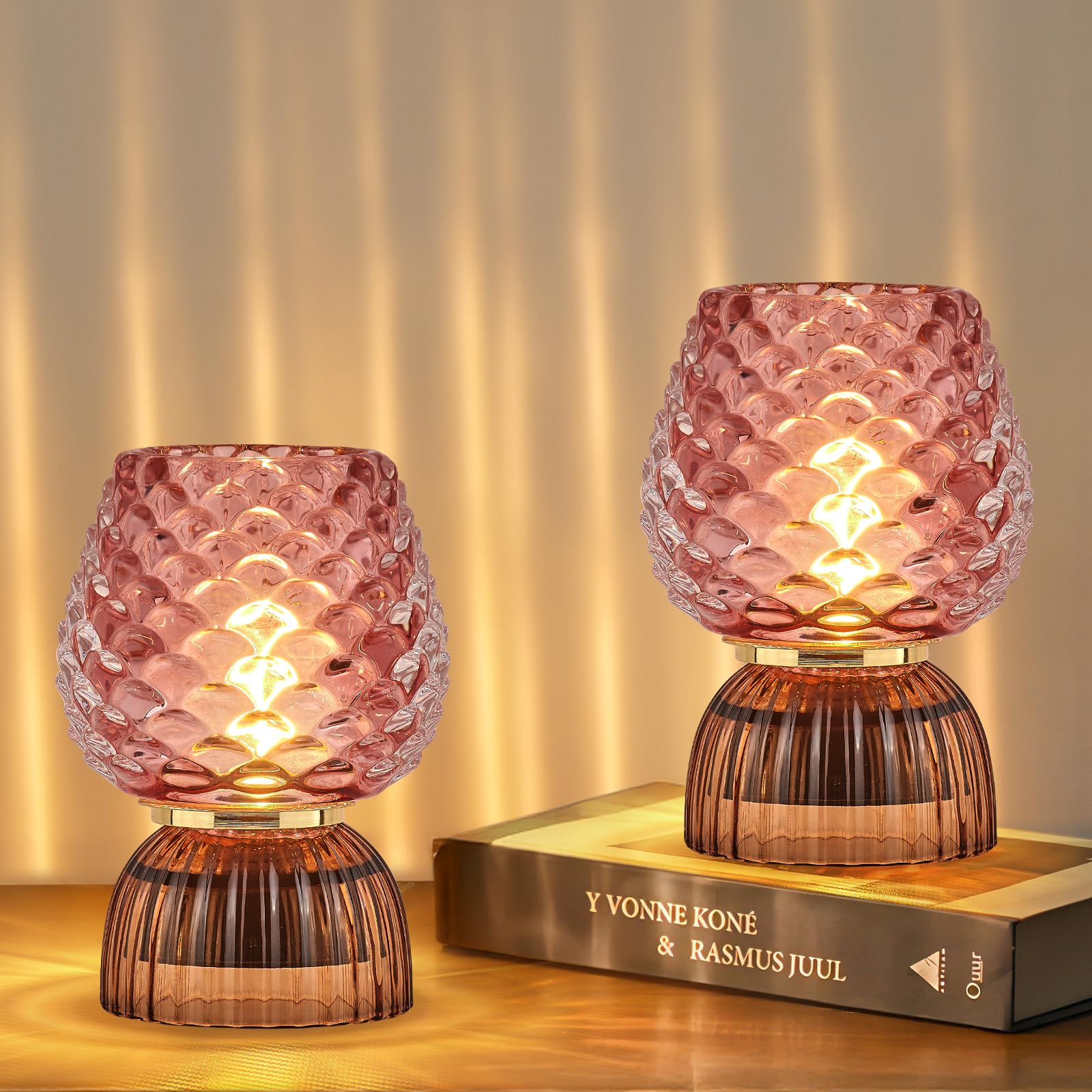 SisiHokai Battery Operated Lamp with Timer  Cute Small Cordless Glass Table Lamp for Home Decor  Kitchen  Bathroom  Birthday Gift for Women  Pinecone  Pink  2 Pack