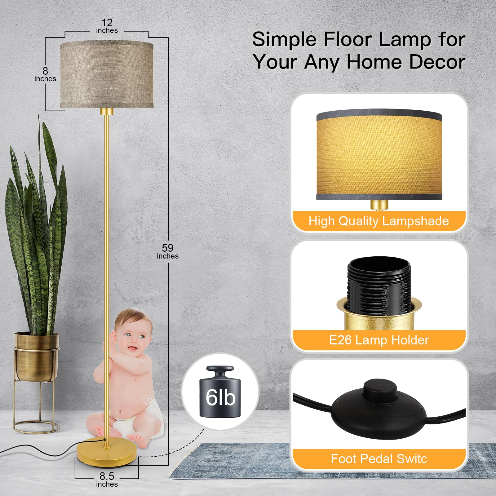 Floor Lamp Gold  Standing Lamp  58  Small Tall Lamps With Jute Lampshade  Simple Pole Lamp For Bedroom  On/Off Footswitch  Gold Lamps For Living Room/Office/Boho Christmas Gift For Kids(No Bulb)