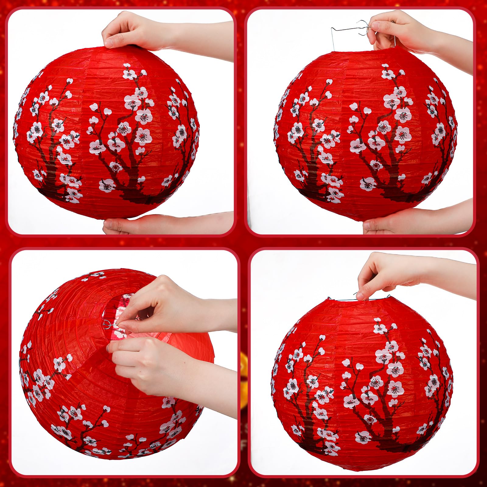 Bencailor 13 Pcs Paper Lantern Set - Hollow Round Plum Blossom - Red White Gold - Dark Color - Chinese New Year Decor - Model ZY-Bencailor-52736