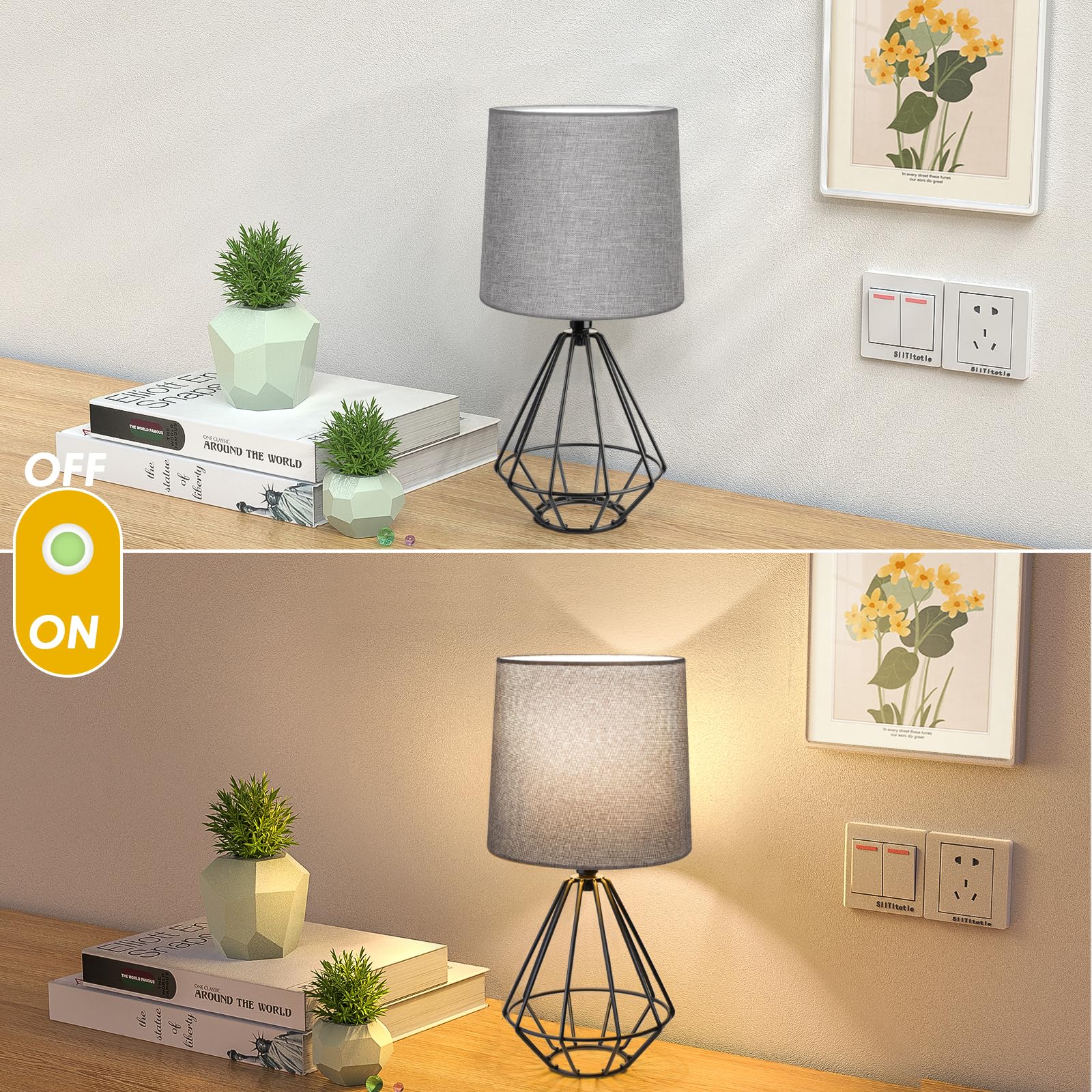 Ggoying Set Of 2 Bedside Table Lamp, Black Metal Modern Lamp With Grey Fabric Shade, Simple Side Lamp For Living Room,Bedroom,Ho