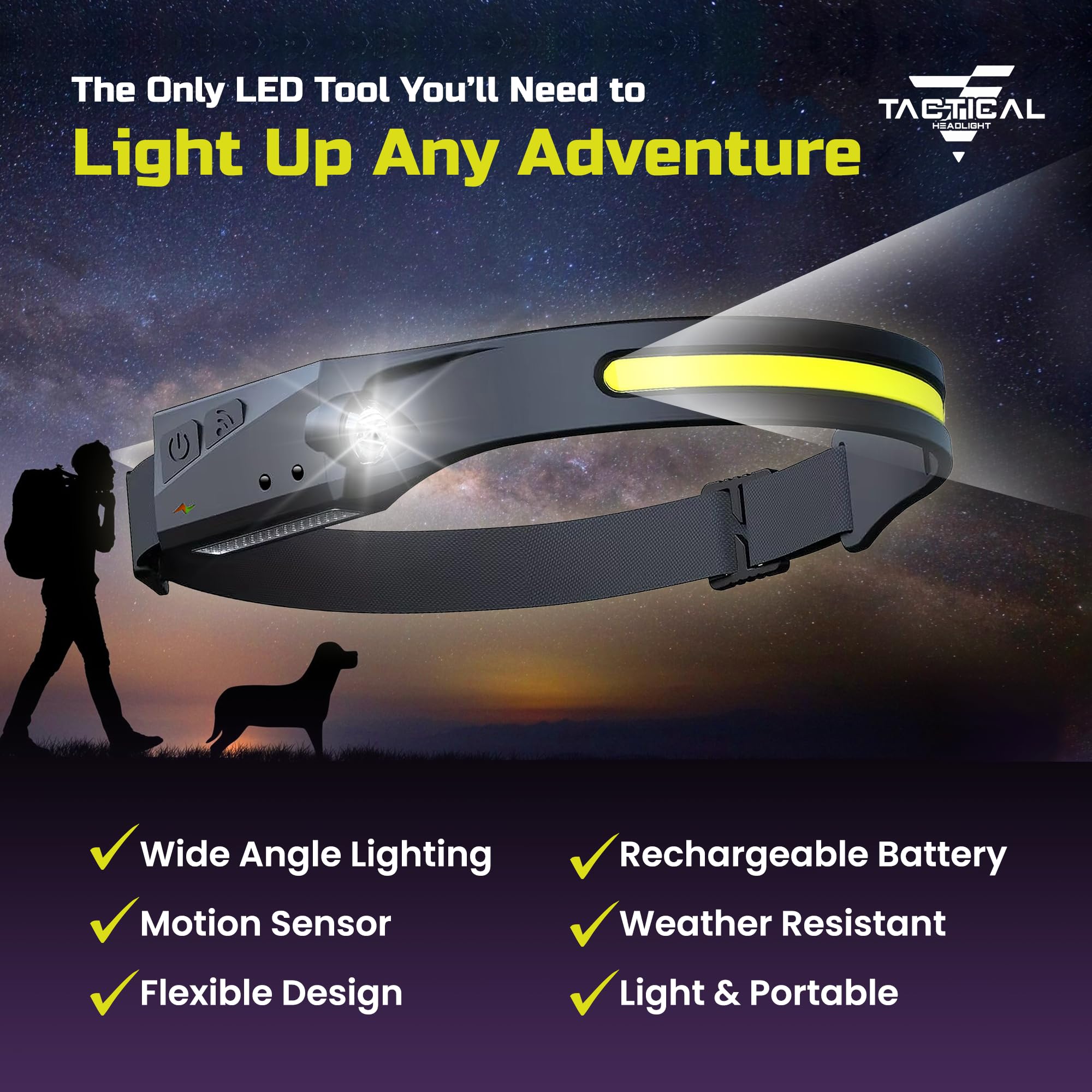 FREEZE2TRIM Tactical Headlight - 230° Wide Beam LED, 350 Lumens, Rechargeable USB-C, IPX4 Waterproof, Adjustable Size, Black