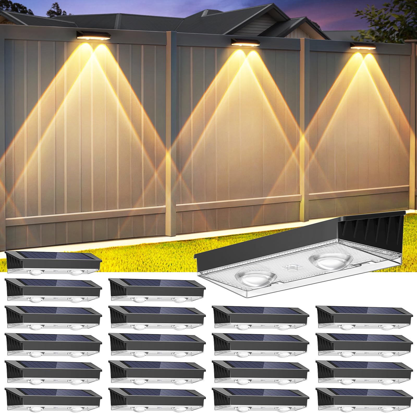 Solar Fence Lights Outdoor, 20 Pack Warm/Neutual/Cool White Fence Lights Solar Powered with 2 LED, IP65 Waterproof, Deck Lightin