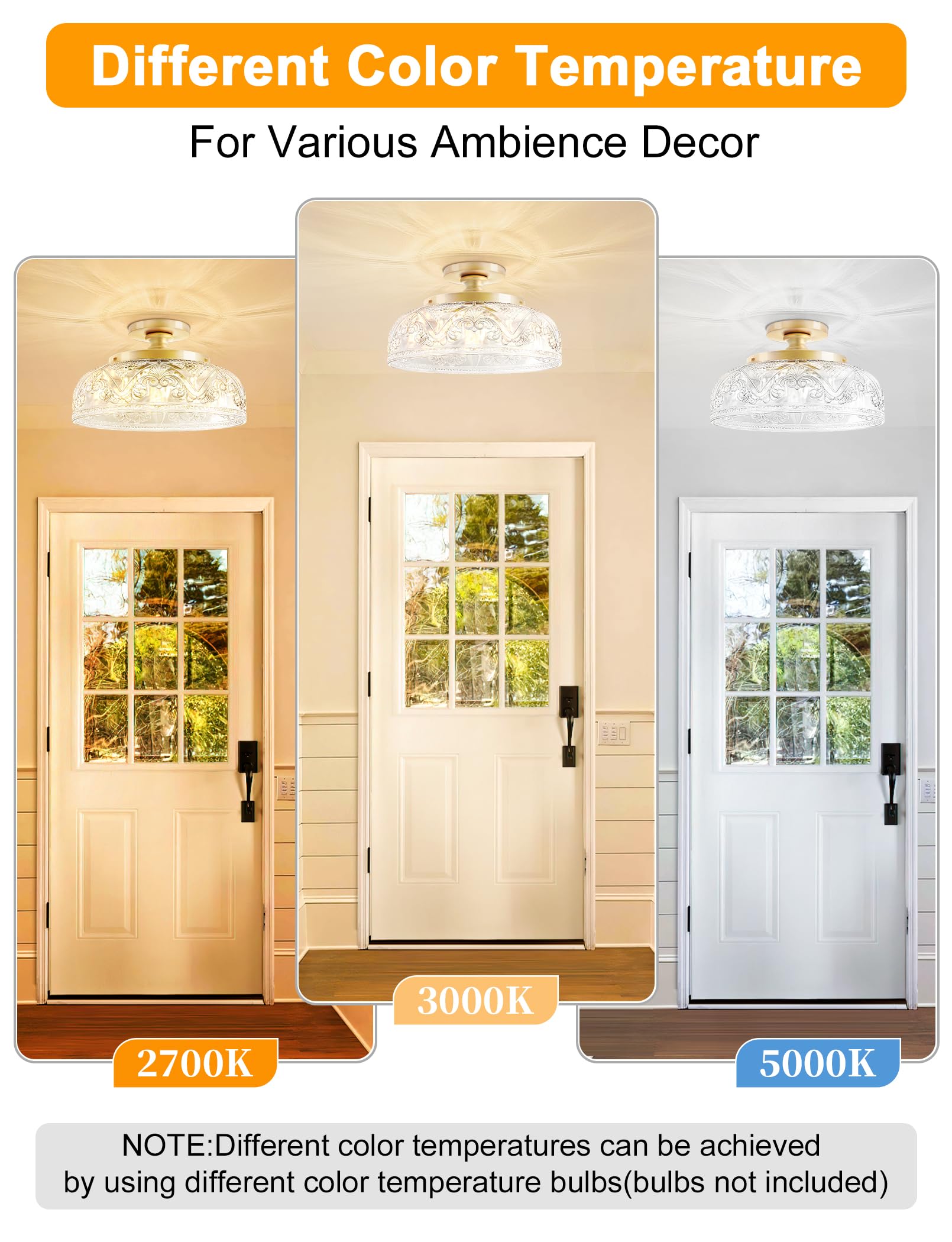 Slypadan Semi Flush Mount Ceiling Light, 12 Inch Large Gold Ceiling Light Fixture, 3-Light Globe White Glass Farmhouse Kitchen L