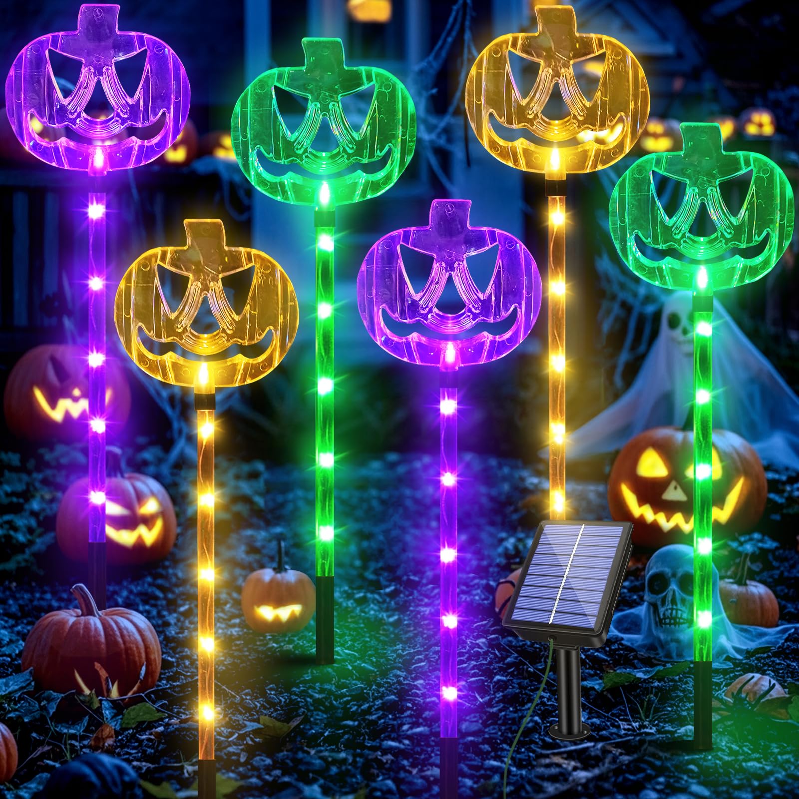 Meteds 6 Pack Solar Pumpkin Stake Lights For Halloween Decorations Outdoor, Waterproof Solar Halloween Lighted Pumpkin Pathway Lights For Garden Yard Patio Porch Pathway Grave