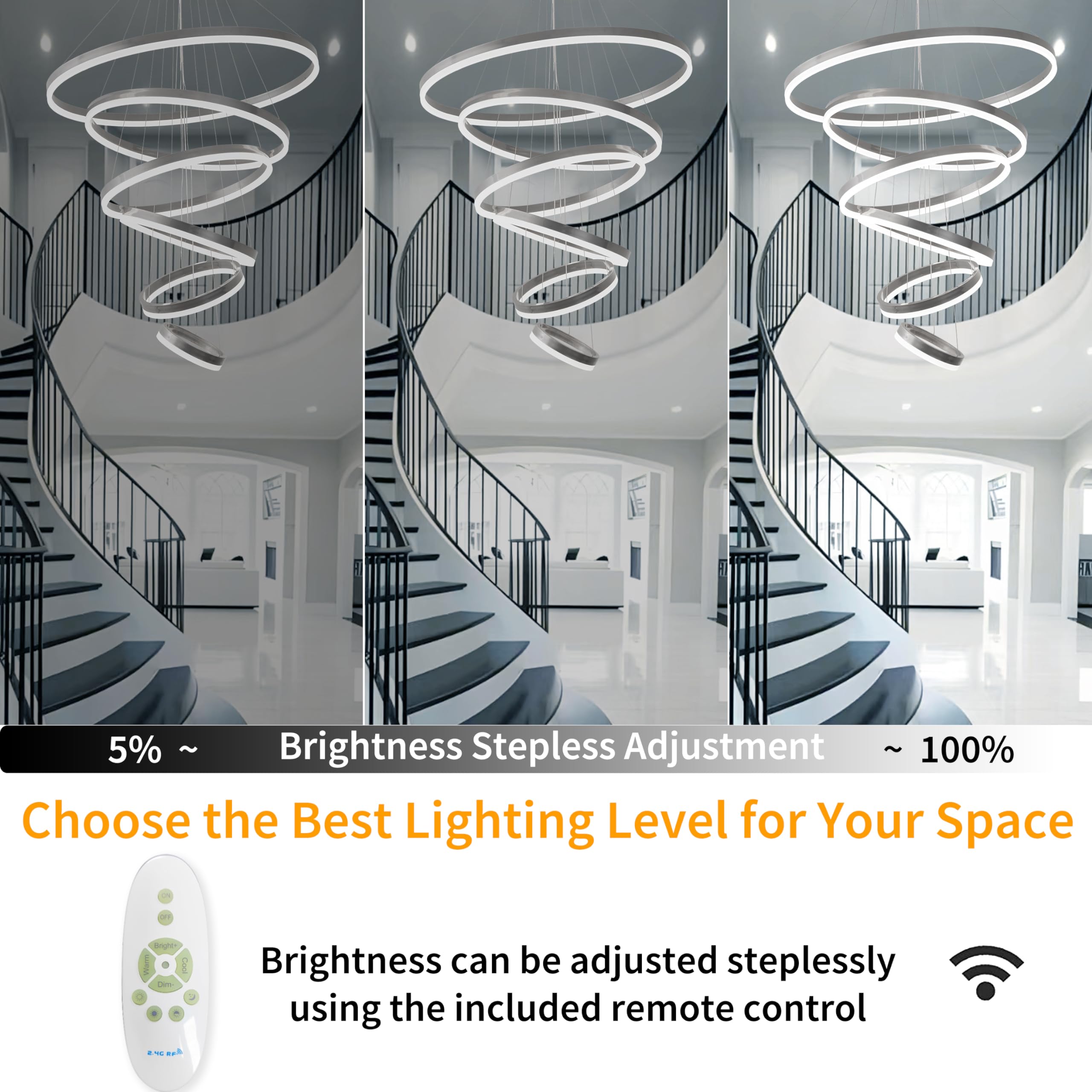 Modern 6 Ring Silver Led Chandelier - Dimmable, Large D31.5" For High Ceiling Staircase And Luxury Foyer Entryway