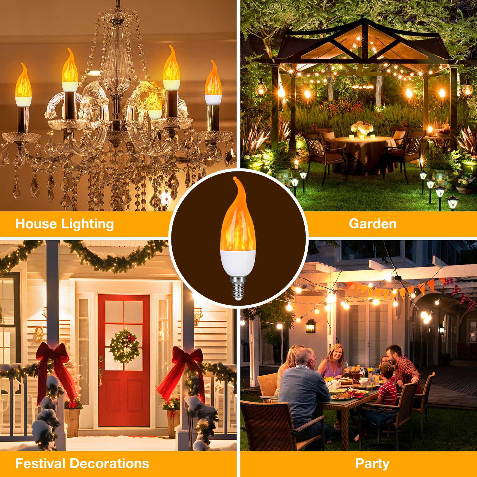 Myogrip E12 Led Flame Light Bulbs, 3 Modes, Yellow, 8 Pack, Plastic For Indoor/Outdoor Halloween Party Decorations