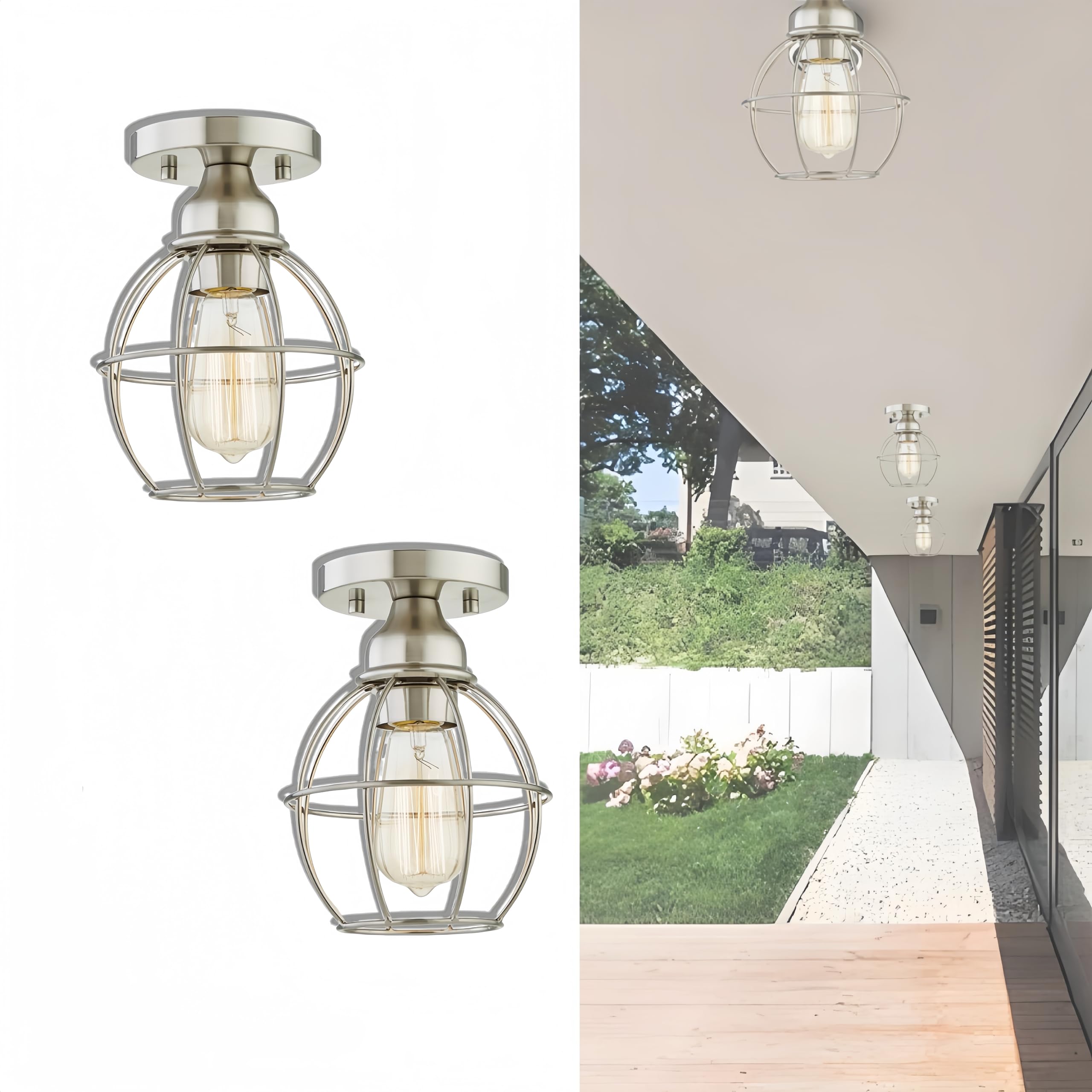 WISBEAM Semi Flush Mount Ceiling Light, Brushed Nickel, 2 Packs, E26 Medium Base, Metal Housing, Model WS-CL018