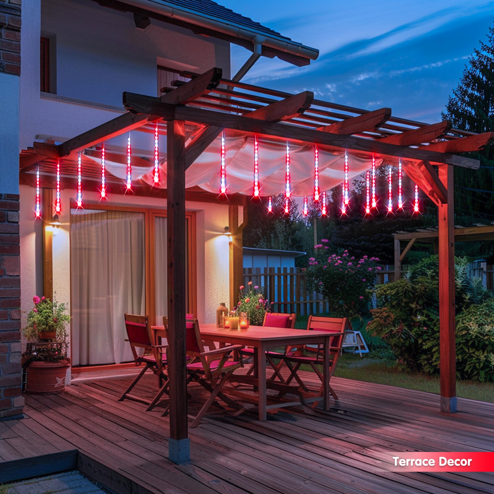 Jmexsuss Red And White Solar Meteor Shower Rain Lights, 30Cm 8 Tube 144 Led Solar Lights For Party Holiday Yard Patio Decorations