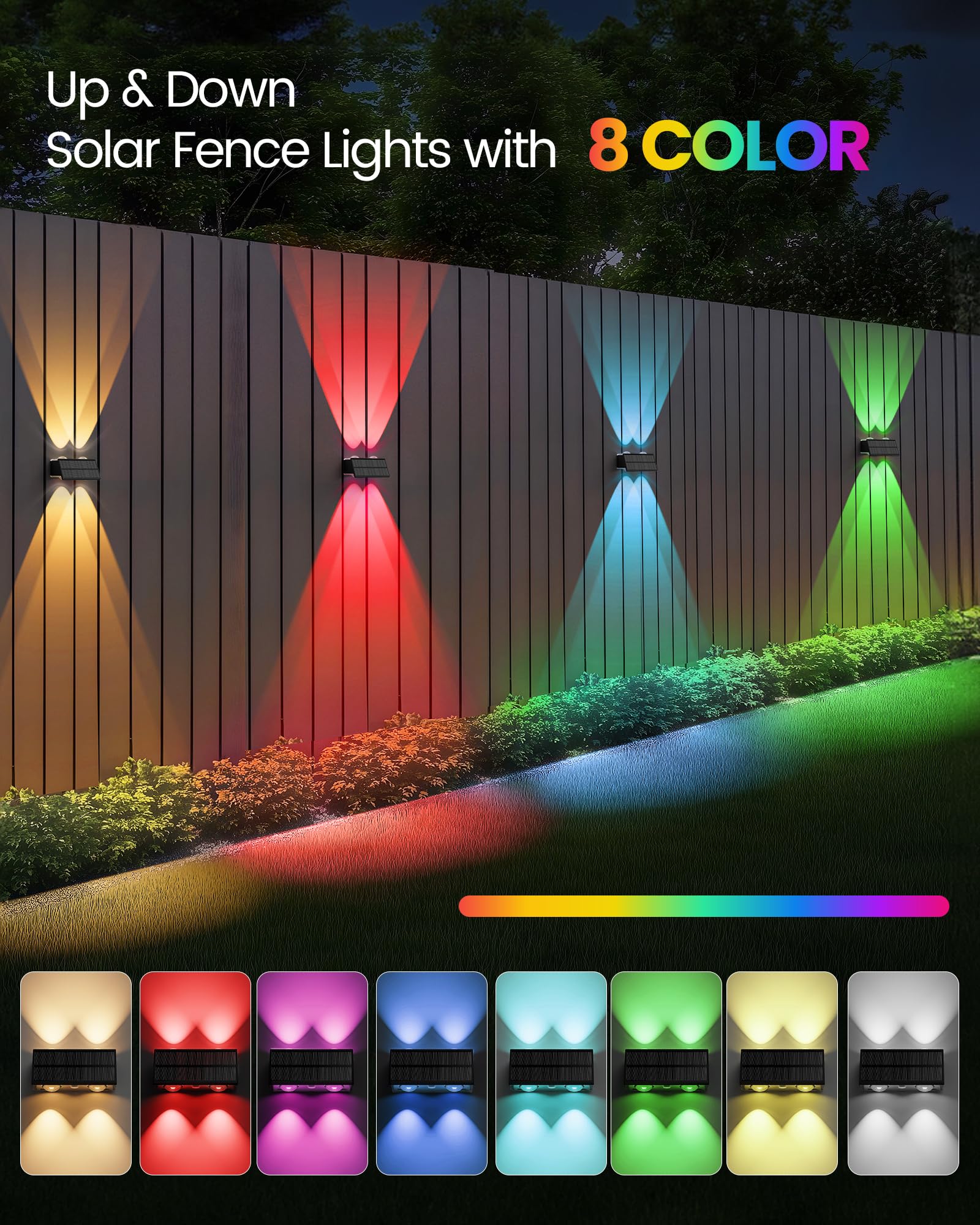 Bridika Solar Fence Lights Outdoor, 6 Pack Up And Down Wall Light, 8 Colors Lens Led Dusk To Dawn Solar Lights Outdoor Waterproo