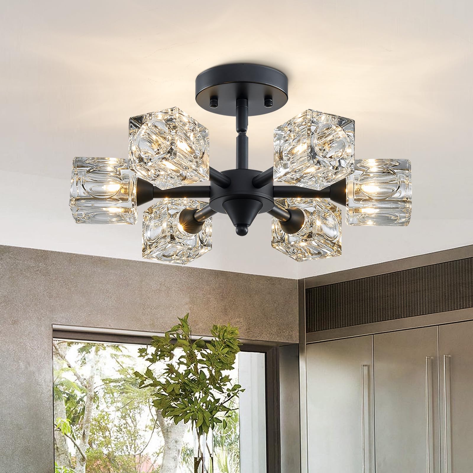 Peskoe 16.9'' Industrial Black Semi Flush Mount Ceiling Light Fixture, Modern 6 Lights Sputnik Chandelier, Glass Lamp For Office