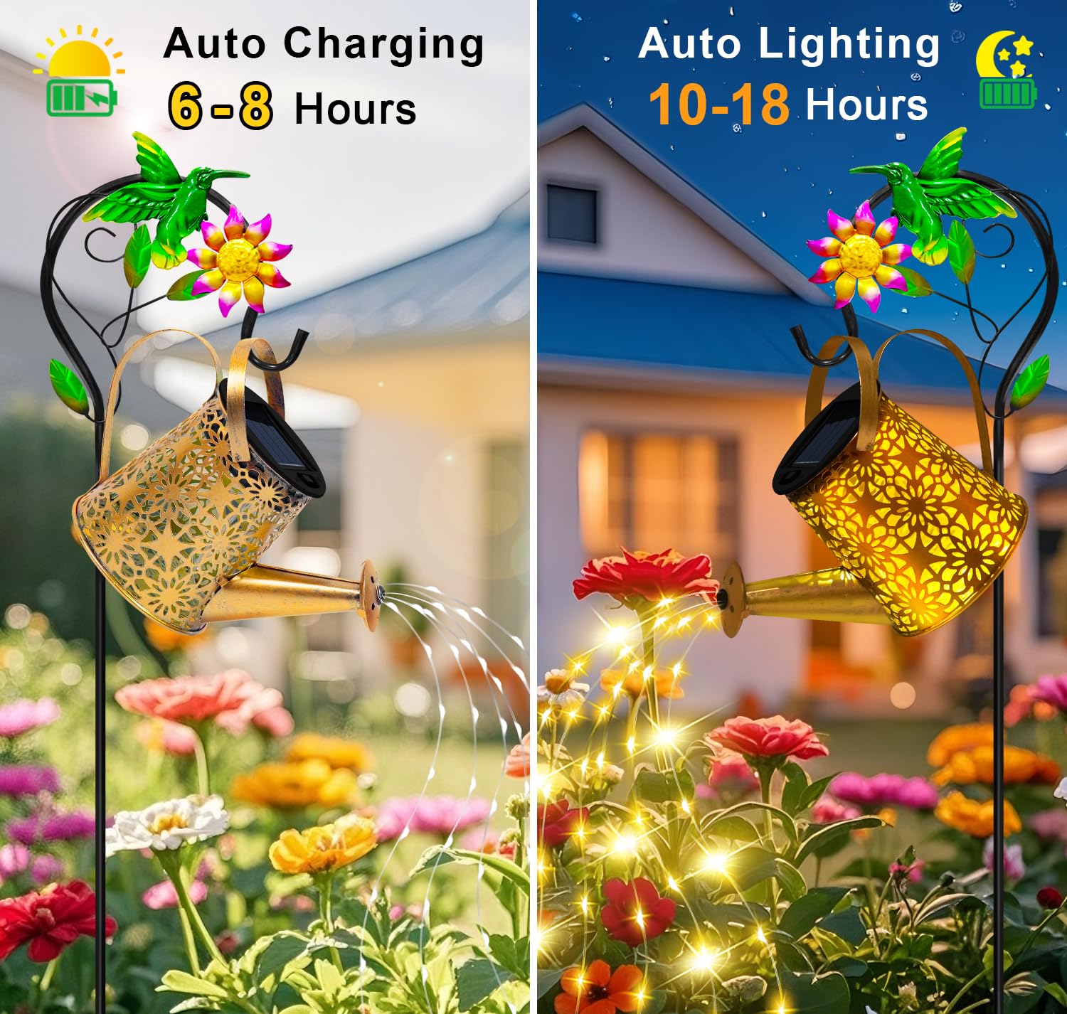 Solar Metal Watering Can With Hummingbrid Shepherd Hook And Cascading Lights - Outdoor Solar Lantern For Garden  Yard  Patio Decor And Gardening Gifts For Women MotherS Day