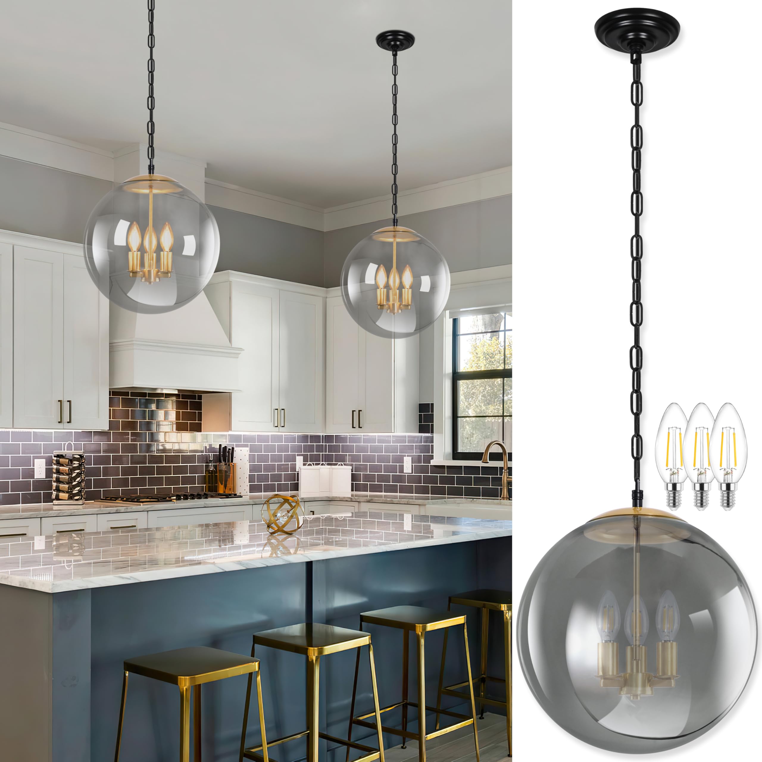 KoKo&Yukina 13.7 Inch Globe Pendant Light Adjustable Gold Globe Pendant Lights Kitchen Island Mid Century Light Fixture with Gre