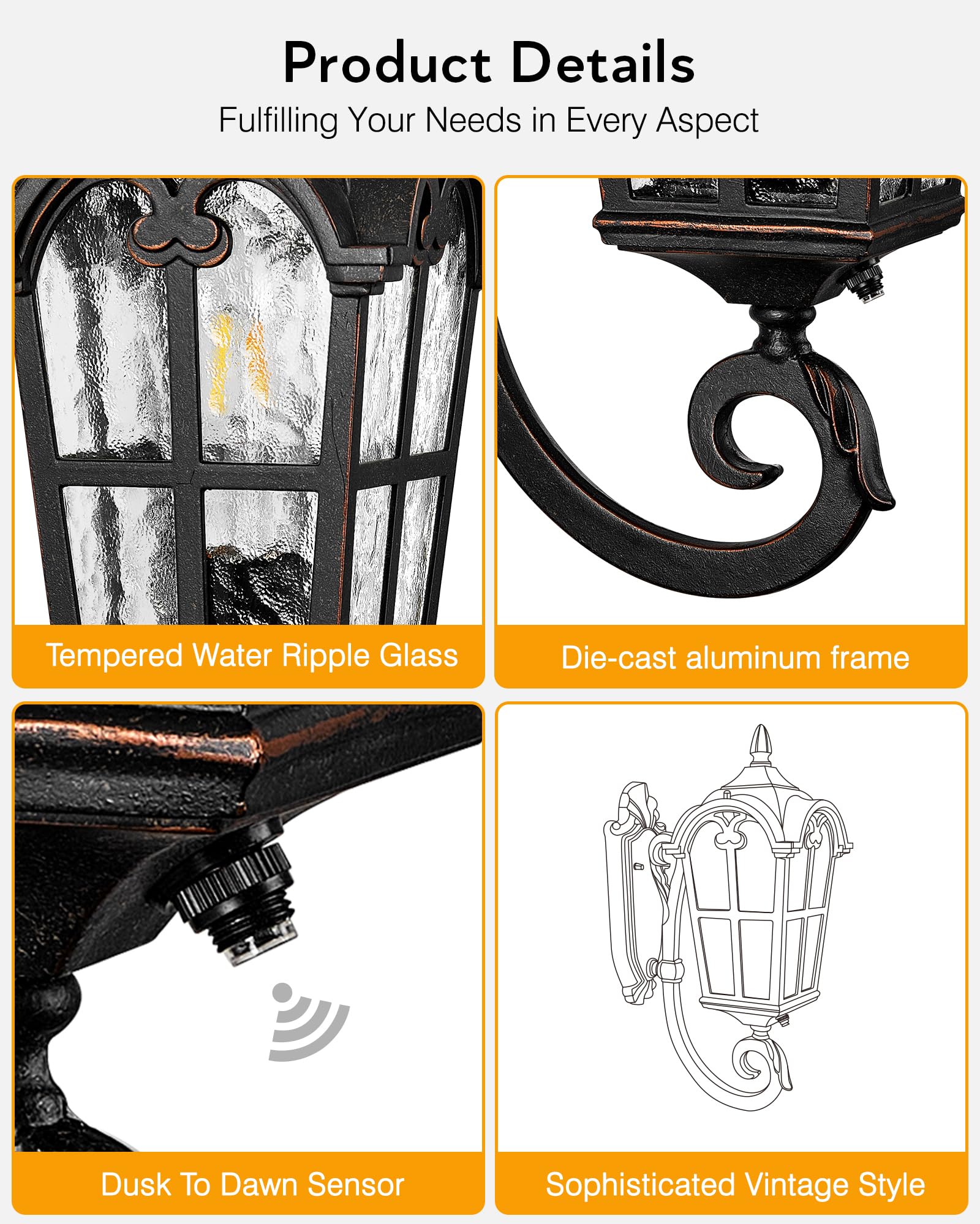 VIANIS Outdoor Wall Light, Aluminum Dusk to Dawn Lantern, Oil Rubbed Bronze, 1-Pack, Model V8113U