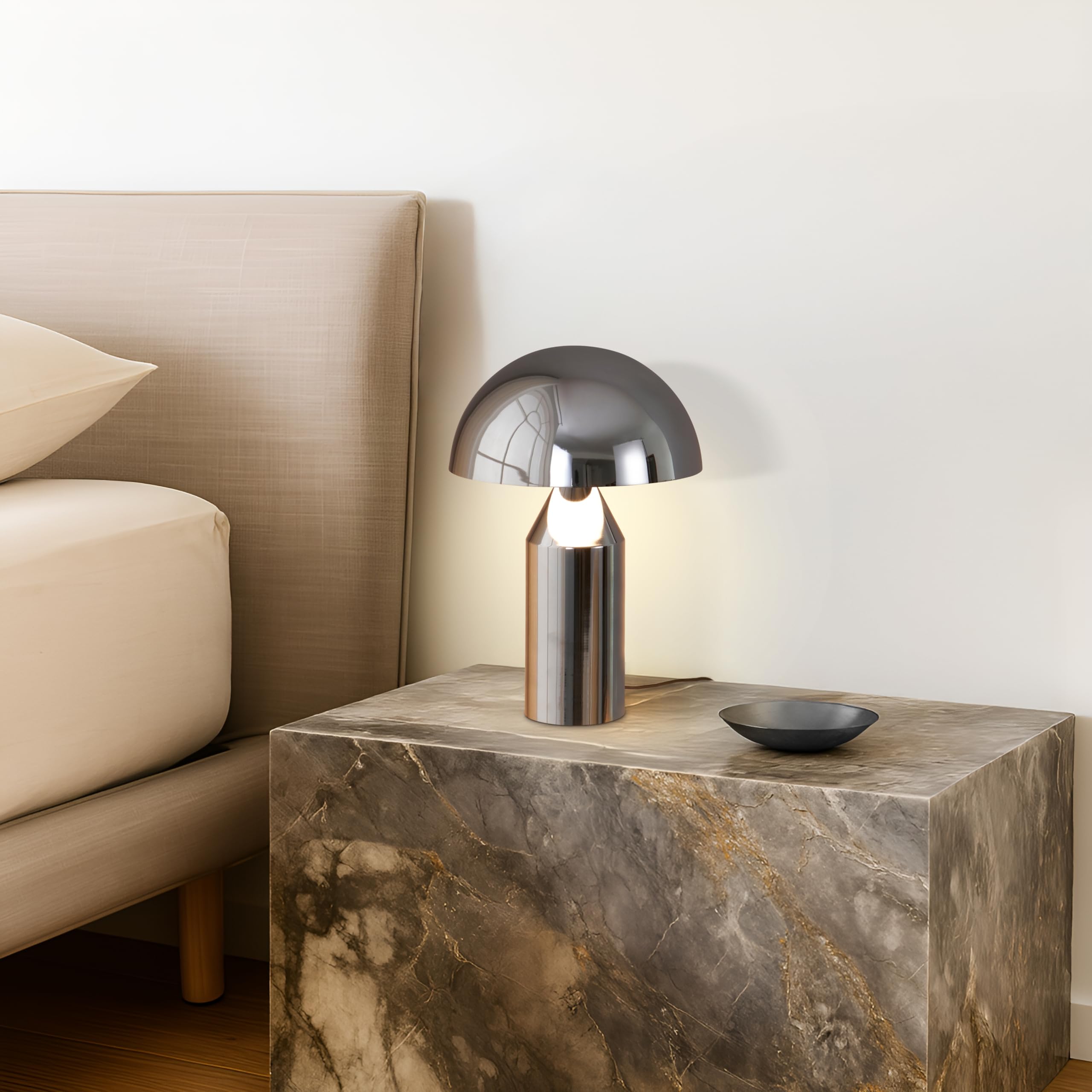 Brightech Venus 14 Globe Table Lamp - Modern Mid-Century Lamp With Golden Metal Shade - Nightstand  Bedside  Desk & Accent Table Lighting For Bedroom  Living Room & Office D?Cor - Chrome/Silver