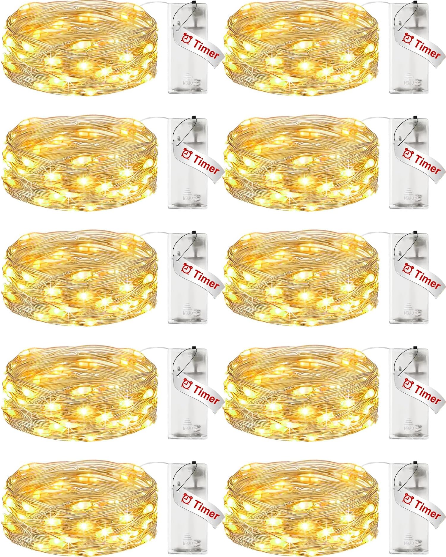 Litogo 10 Pack Fairy Lights - Battery Operated, Waterproof, Timer, 7Ft 20Led Warm White Decor
