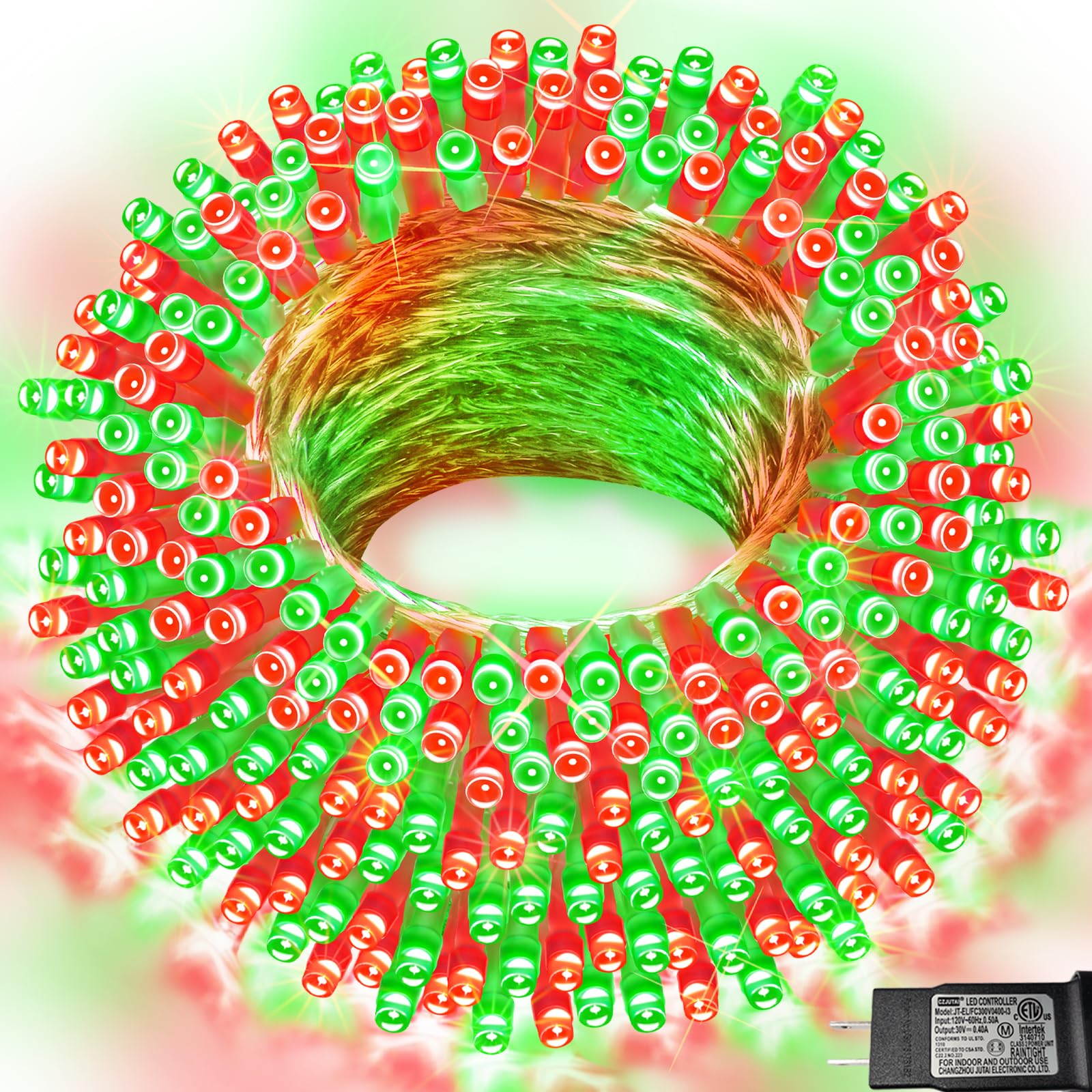 Pooqla Christmas String Lights, 200 LED Twinkle Fairy Lights, 66 ft, Clear Wire, Red and Green, 8 Modes for Indoor Outdoor Use