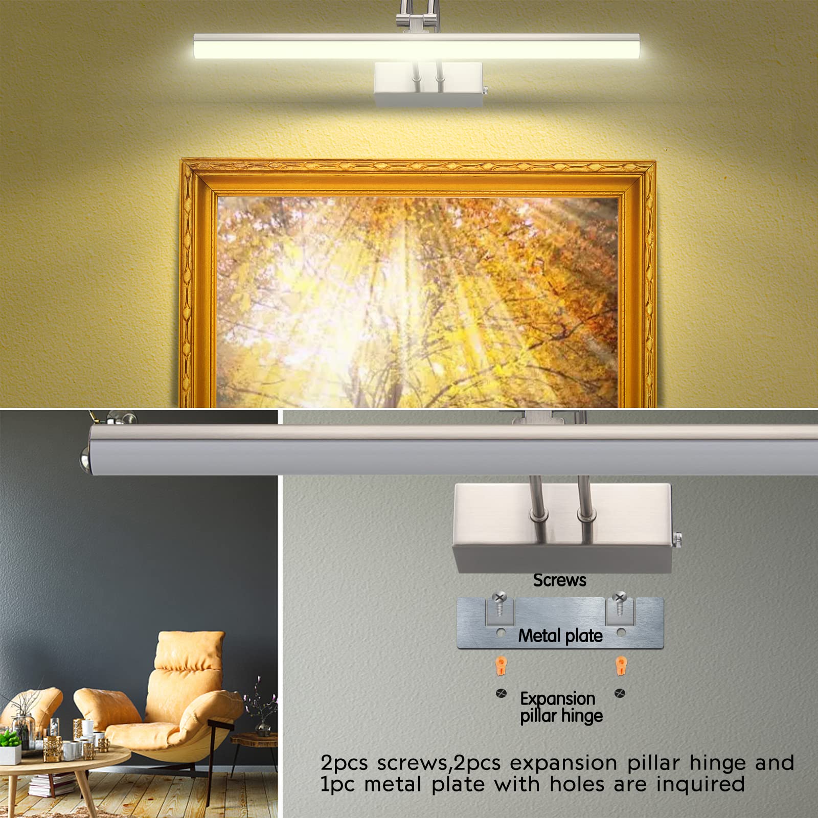 Raifoolly 16In Battery Operated Picture Light, Dimmable Metal Art Light, Remote Control, Nickel Finish, Model Rf00123