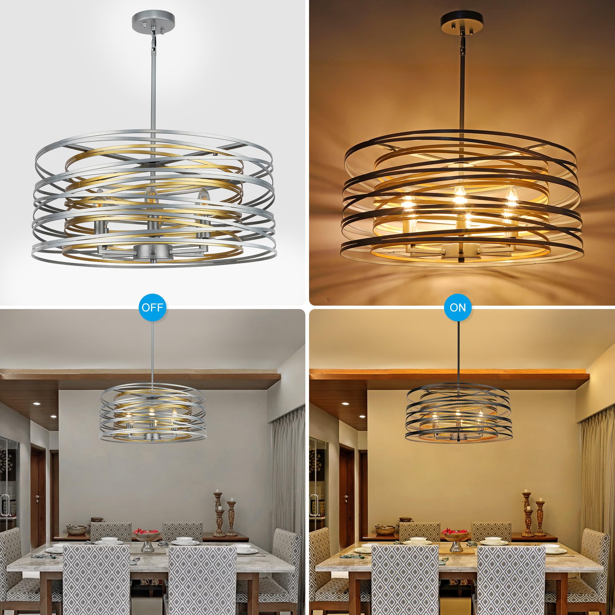 ACNKTZ 23.6'' Vintage Round Chandelier, 6-Light Antique Lantern, Silver with Gold Interior for Dining Room, Entryway, Kitchen Island