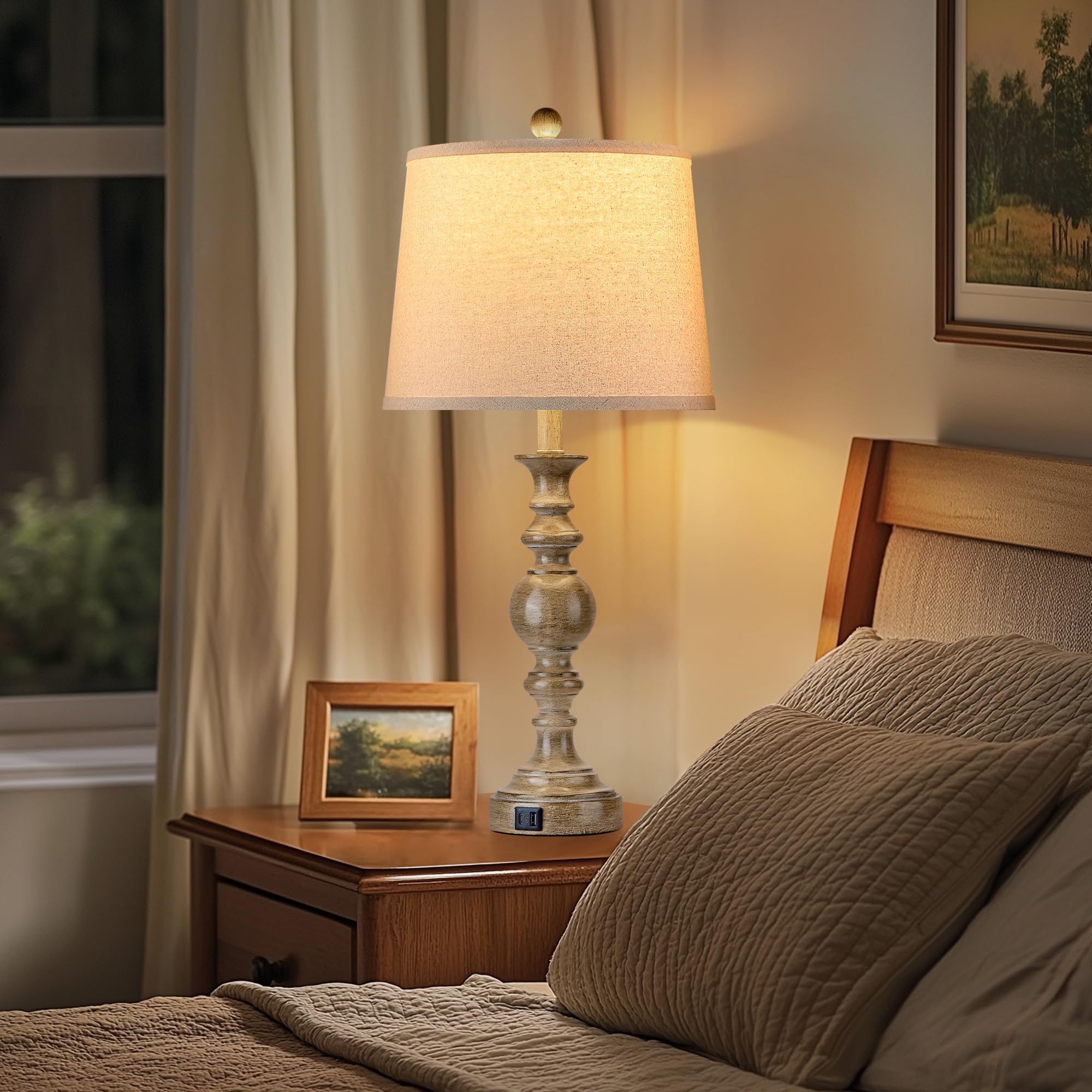 Srjjrs Farmhouse Table Lamps For Living Room Set Of 2, Rustic Table Lamp With Usb Ports, 28'' Tall Table Lamps For Bedroom Night