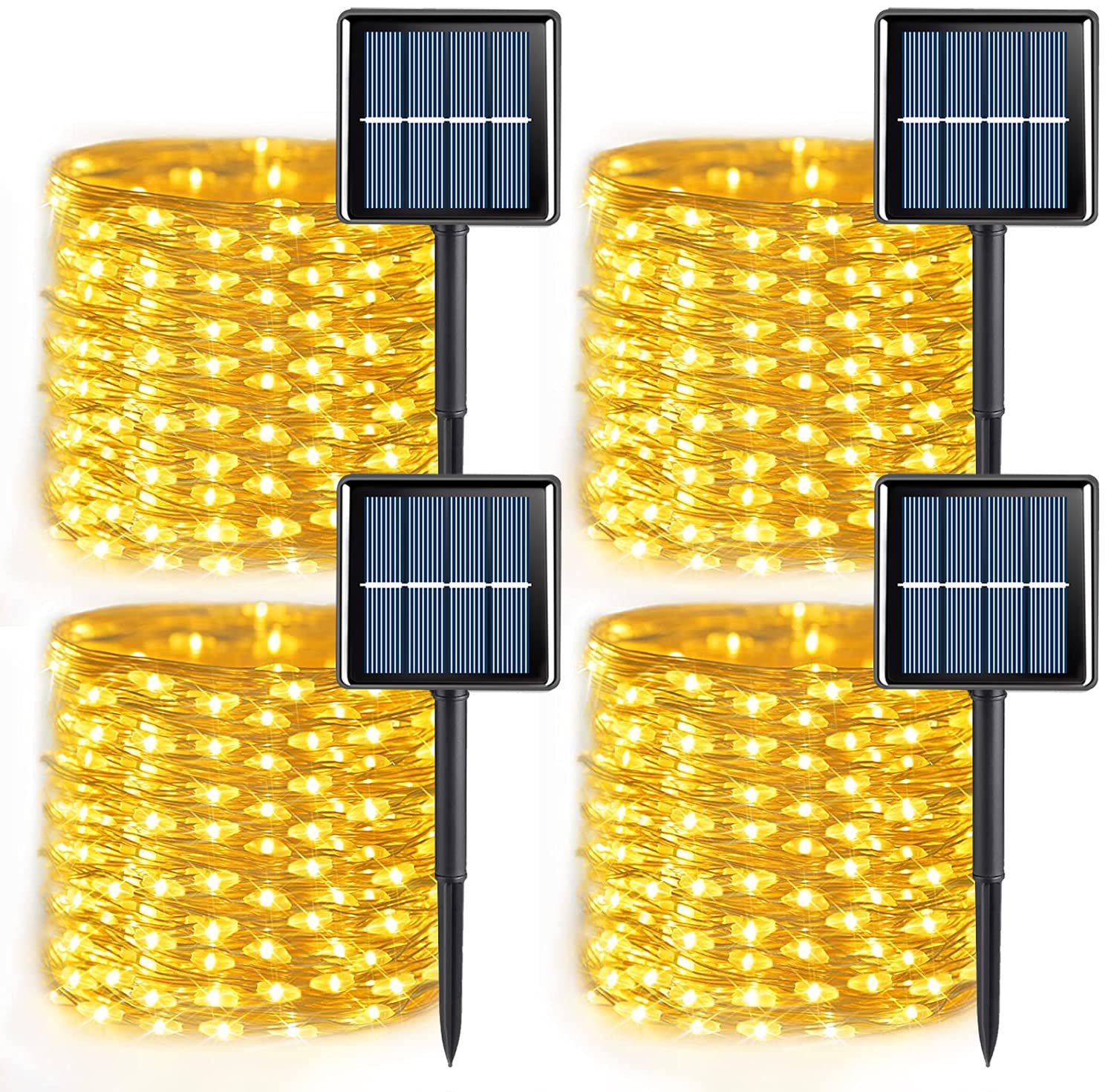 YEGUO Solar String Lights, 100 LED Warm White, 33ft, Waterproof, 4 Pack, Silver Wire