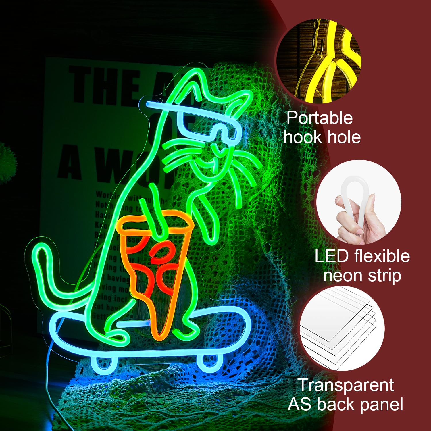 LIUOZHTEA Neon Cat Sign LED Wall Decor, Dimmable USB Light, 16.7inx12.2in, Acrylic, Green Blue Yellow Red