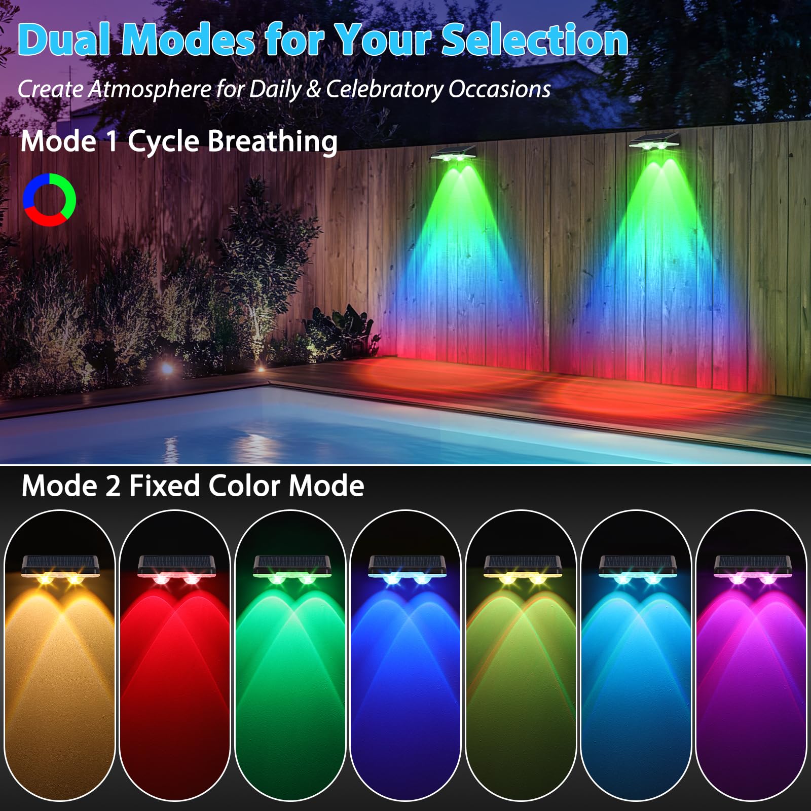 Solar Fence Lights Outdoor 8-Pack, Waterproof Solar Powered Led Fence Light With Warm White & 6 Rgb Colors & 2 Lighting Modes Fo
