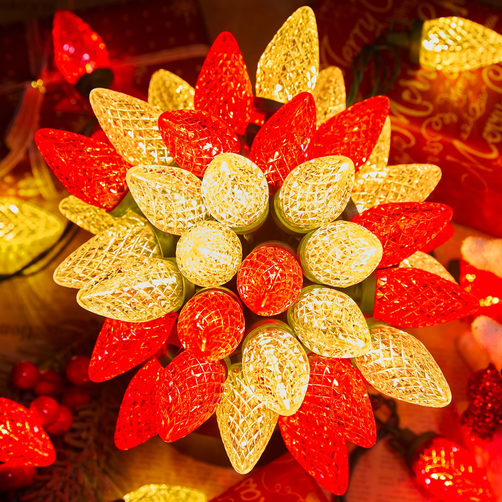 C9 LED Christmas String Lights, 66 ft 100 LED Strawberry Roof Lights, Commercial Grade Waterproof Extendable for Indoor Outdoor 