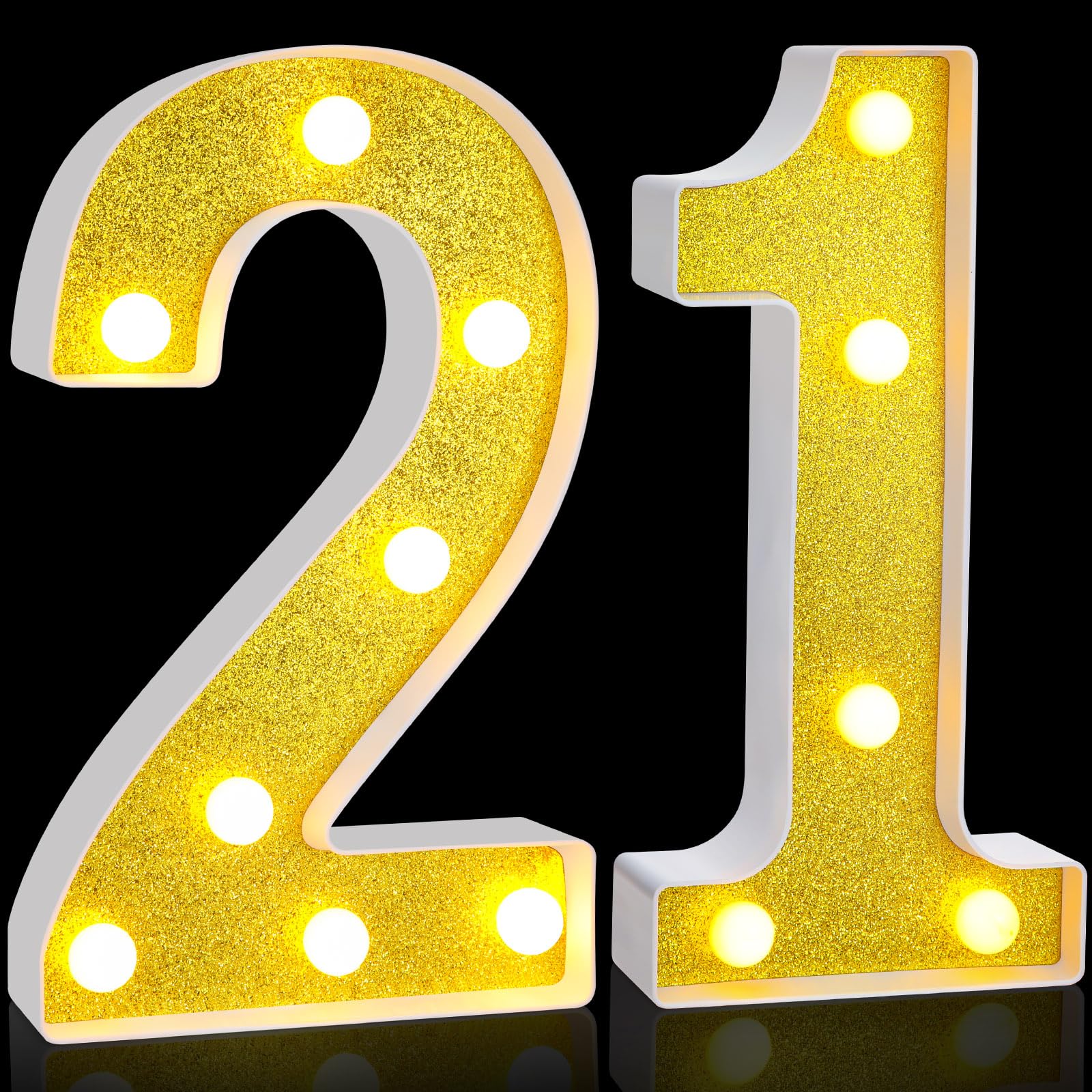 Treela LED Number Sign, 8.7in  Glitter Marquee for Birthday Party Decorations, 21st Size, Gold, PP Material