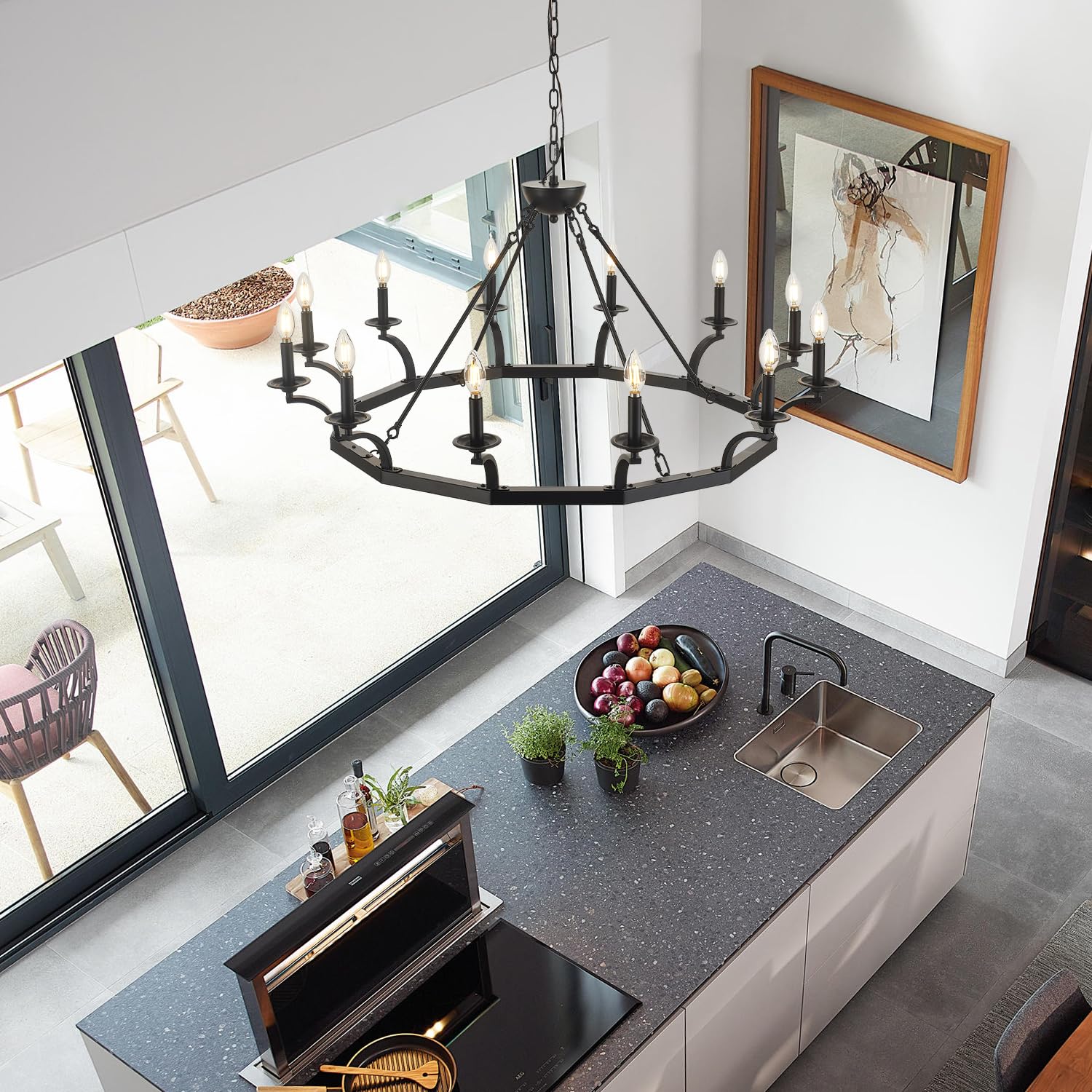 Brfaixla 43'' Wagon Wheel Chandelier 12 Lights Industrial Black Metal Ceiling Pendant Chandelier Rustic Hanging Lights Adjustabl