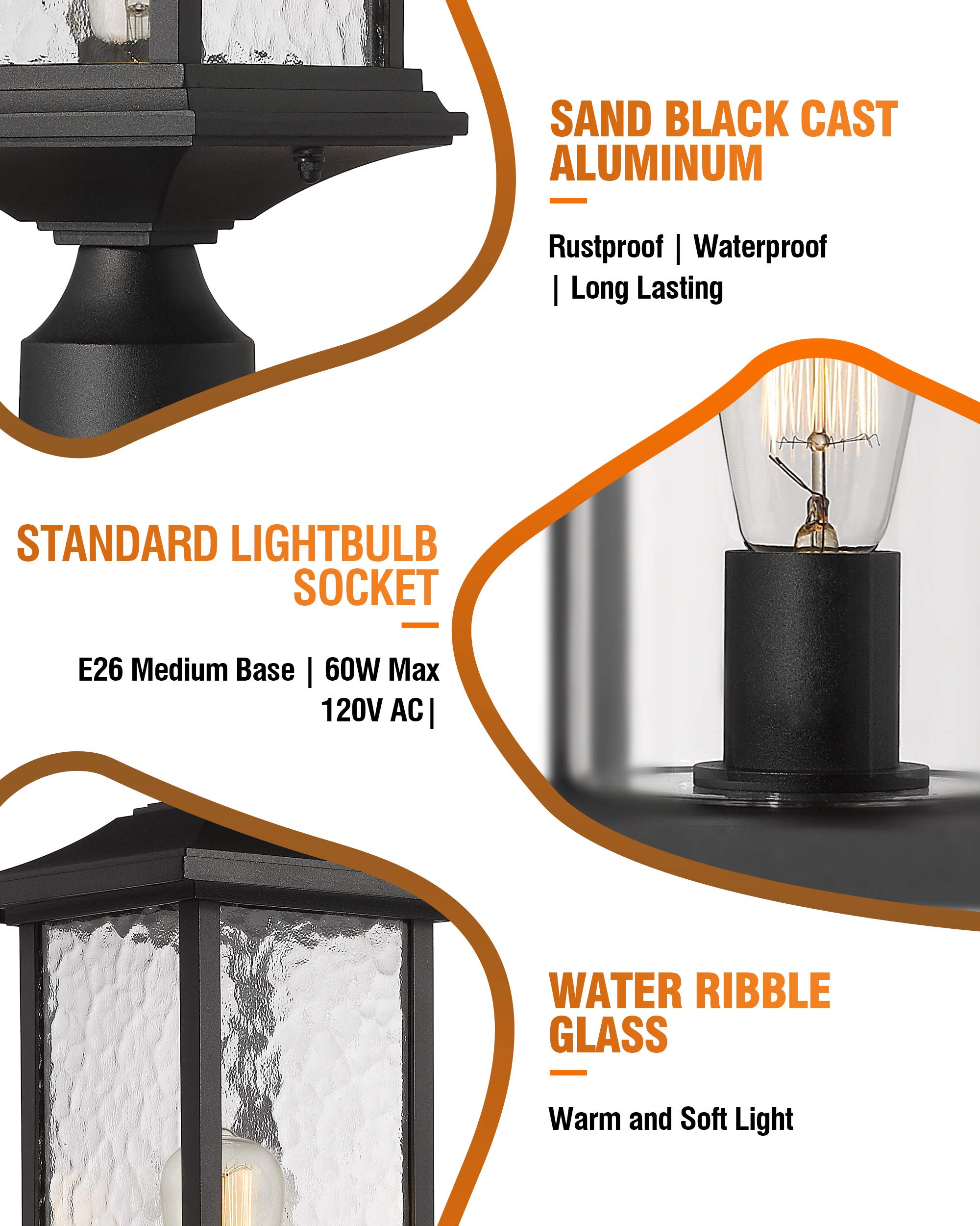 Beionxii Outdoor Post Lights - 21" Large Black Aluminum Lantern - Dusk to Dawn, 2-Pack with Water Glass - Model BXA272-P-2PK