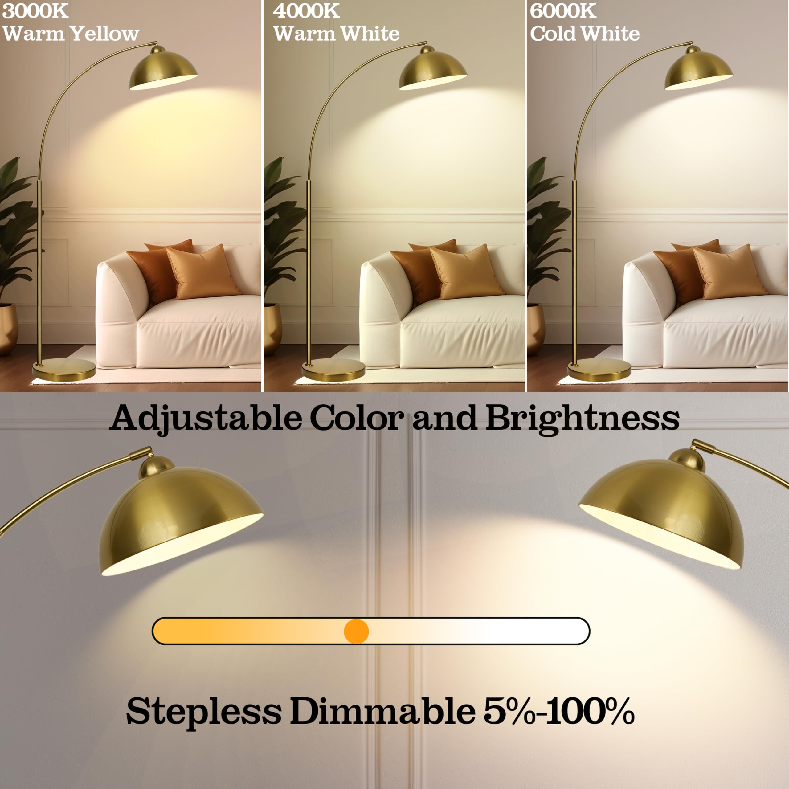 LANICHO Arc Floor Lamp - Modern 13" Gold Metal Reading Light with Remote Control & Dimmable 9W LED Bulb, Model FL0169.XX
