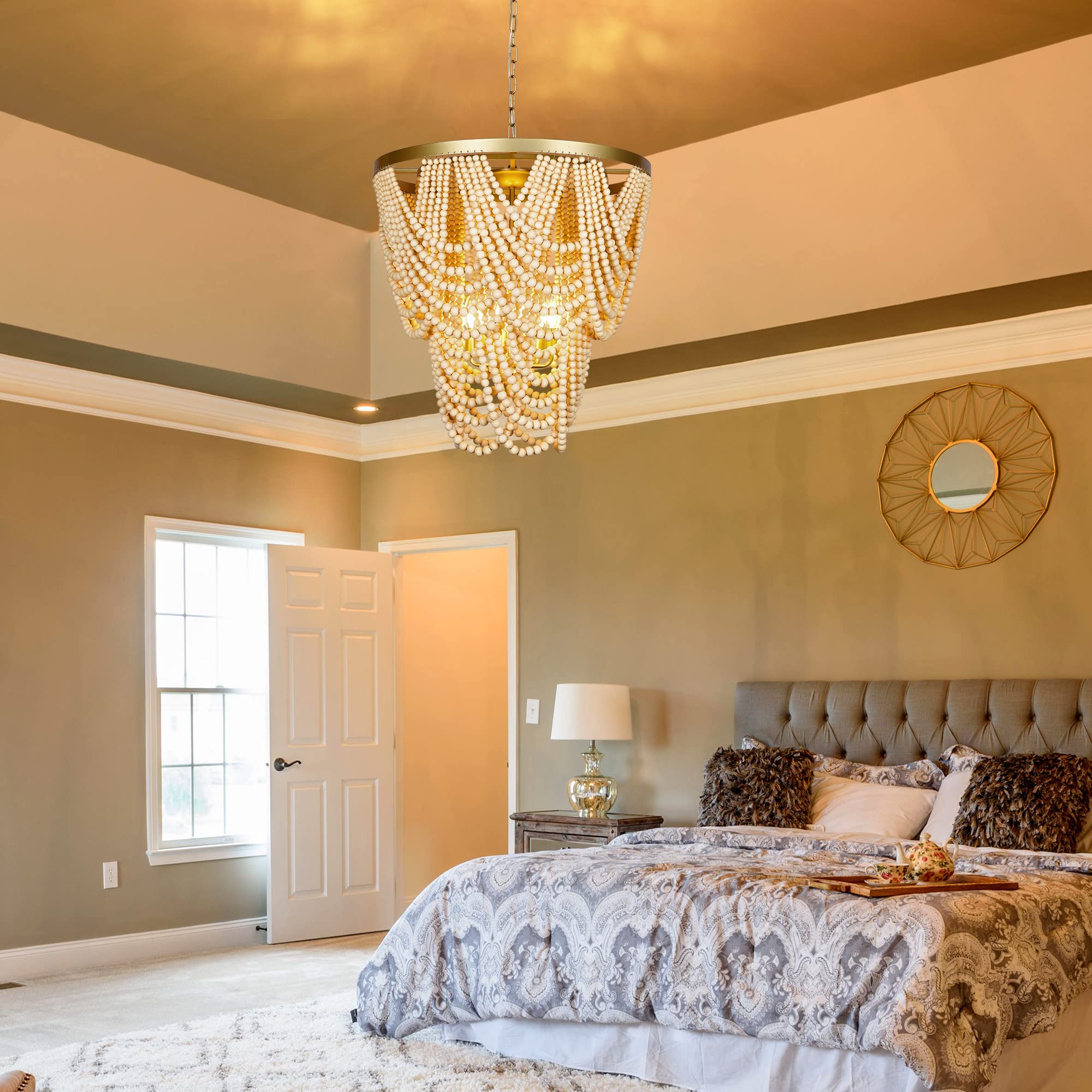 6-Light Bohemia Wood Beaded Chandelier For Dining Room, Coastal Pendant Light For Bedroom, Modern Farmhouse Light Fixtures For Entryway, Gold And Oak Finish