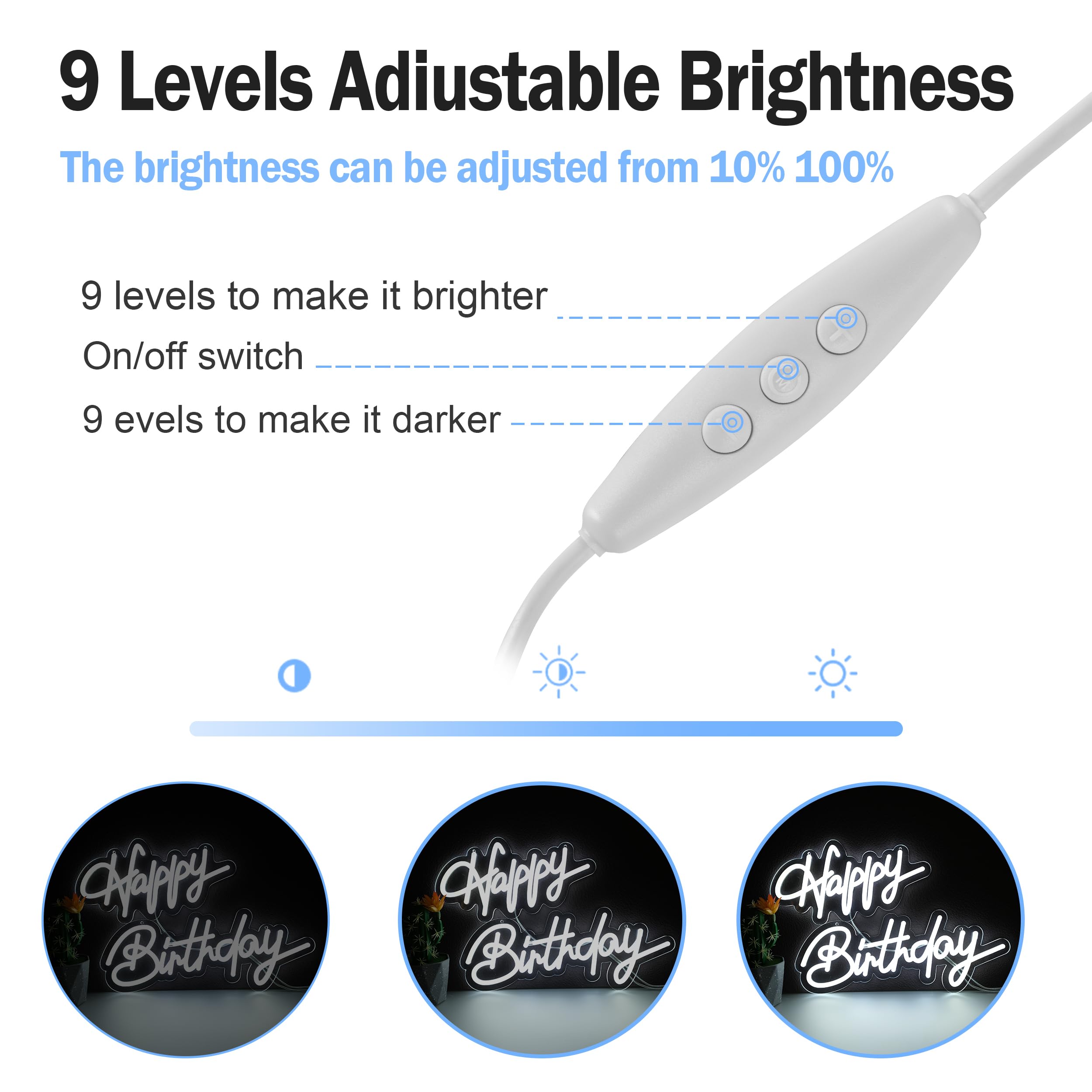 Liuisneo Happy Birthday Neon Sign,Innovative Integral Forming Process,With Dimmable Switch For All Holiday Party And Home Decoration,Total Length 28Inch,White