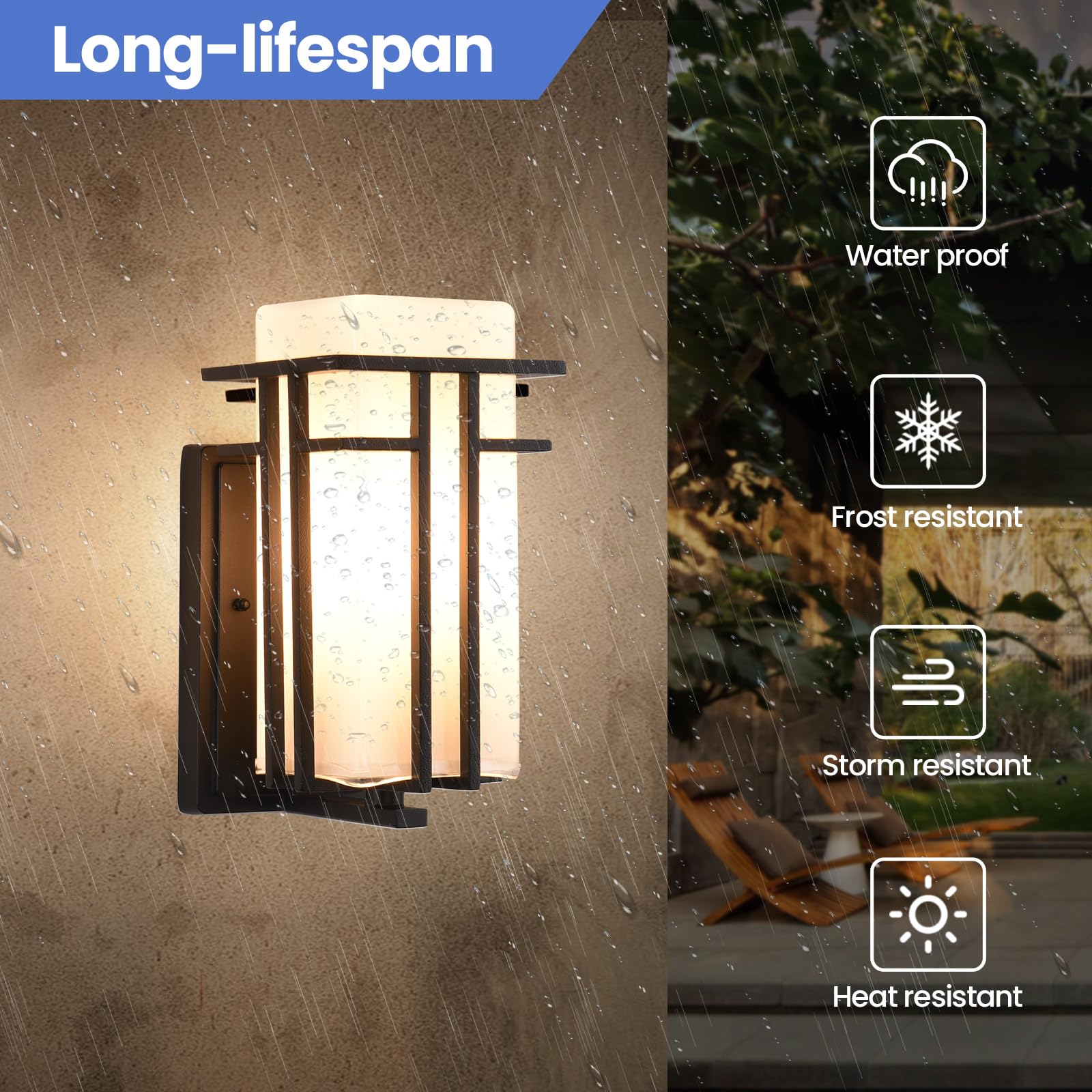 Outdoor Wall Sconce, Waterproof Exterior Lights Wall Mount, Anit-Rust Outdoor Wall Lantern With Rectangle White Glass, Modren Bl
