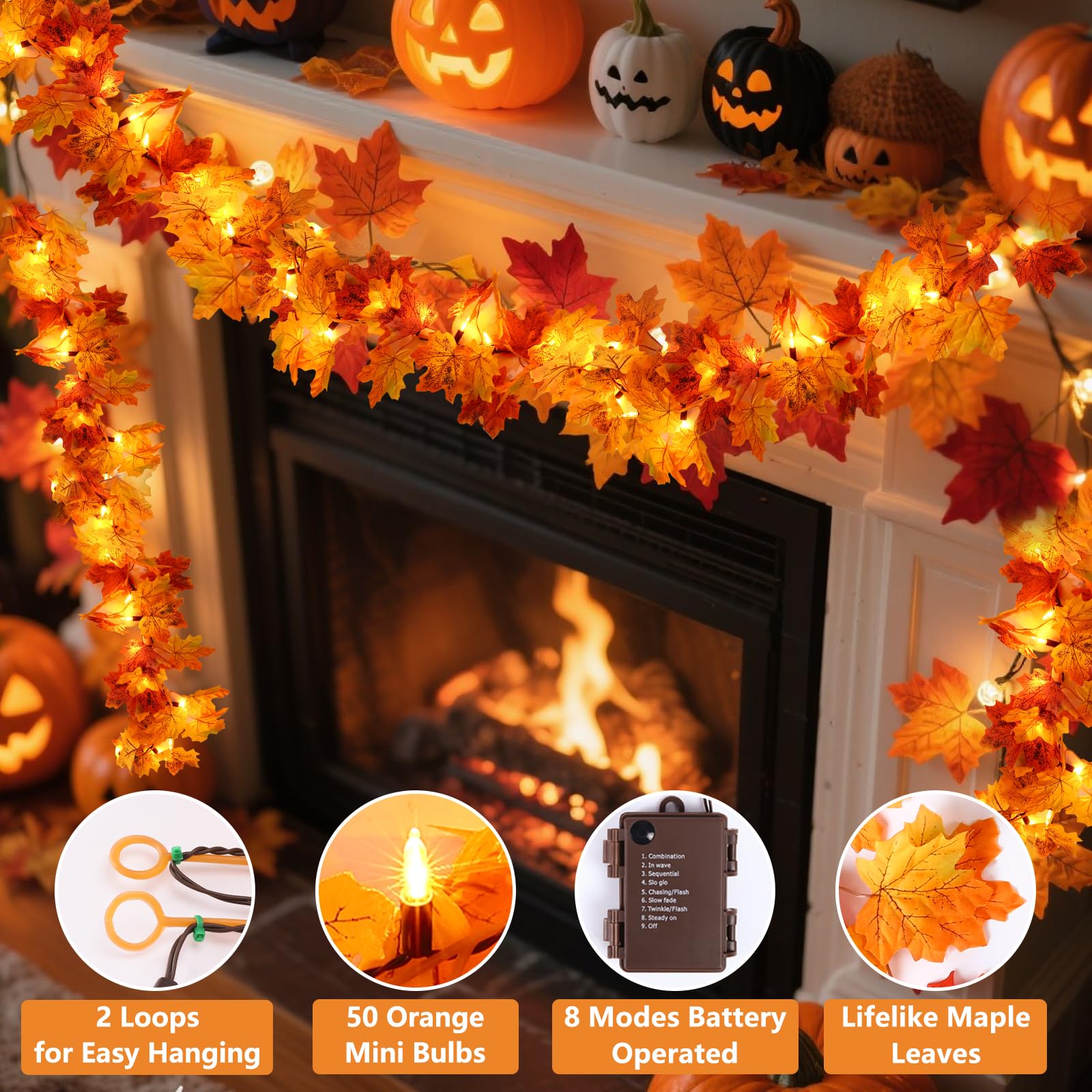 Wabarle Fall Garland with Lights, 10FT Orange Bulbs, Battery Operated, Plastic Leaves, Indoor/Outdoor Thanksgiving Decor