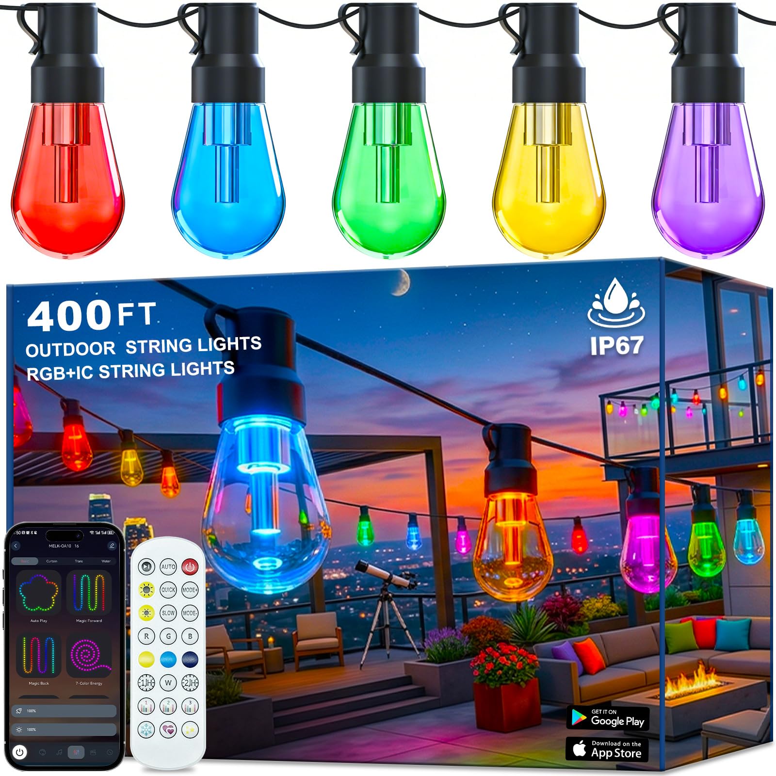 Outdoor String Lights 400FT Smart RGB+IC Patio Lights with Shatterproof LED Bulbs  Outside Light Dimmable Patio for Decor DIY IP67 Waterproof  Courtyard  garden Holiday LED lights more Scene Modes