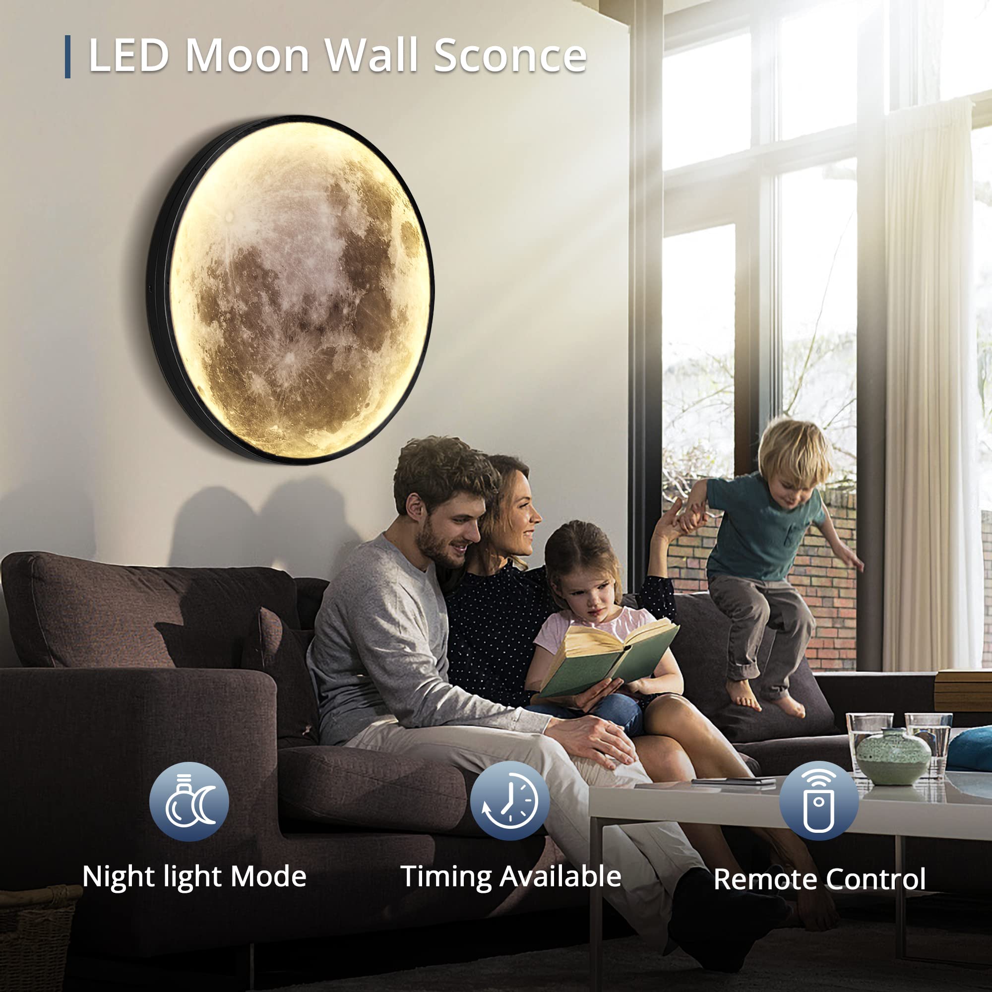 LEDIARY Dimmable Moon Wall Light, 23.6" Black LED Fixture with Remote Control, Metal Indoor Wall Lamp for Living Room, Hallway, Stairs