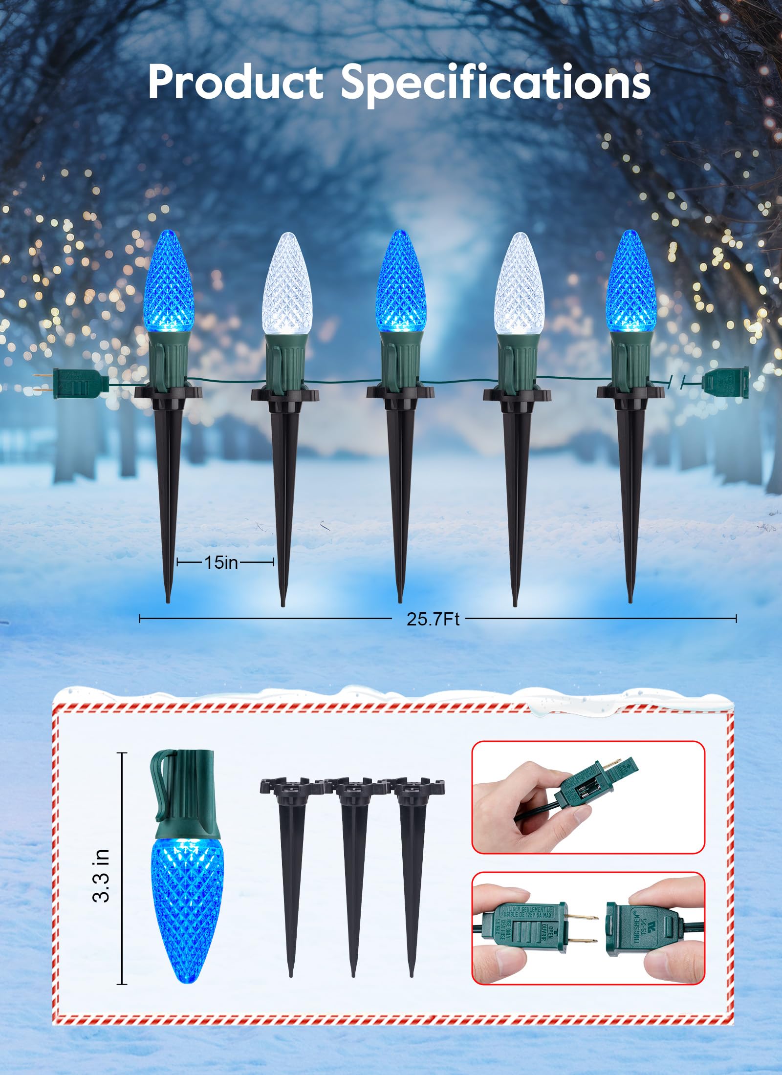 Brightown C9 Christmas Lights - 25.7 Ft Outdoor Pathway Lights with 20 LED Bulbs, Blue and White, Model GY-C-50.6-U-B1