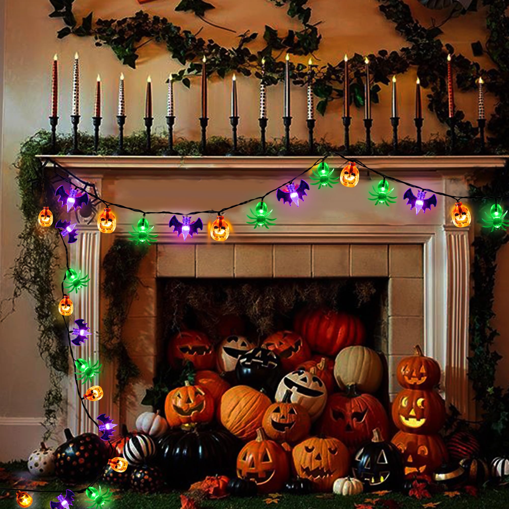Halloween Lights Outdoor Indoor 20Ft 30 Led 3D Pumpkin Bat Spider Battery Operated Halloween String Lights With Timer, 8 Light Modes Waterproof Halloween Decorations Lights For Yard Window Party Decor
