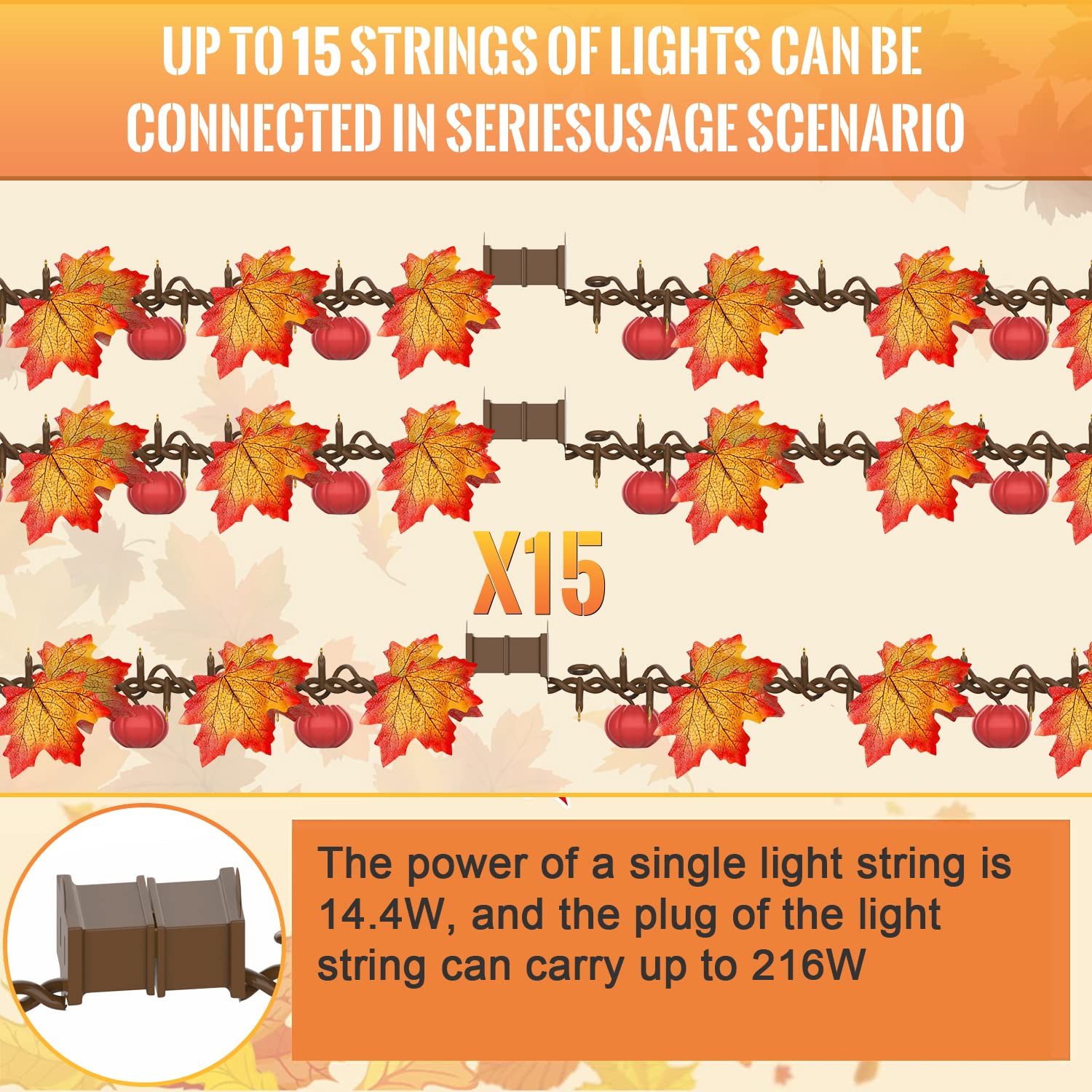 Joascher Thanksgiving Decorations Fall Maple Leaf String Lights Plug In, 8Ft Fall Leaves Garland With 35 Bulbs,Lighted Fall Garland Lights String