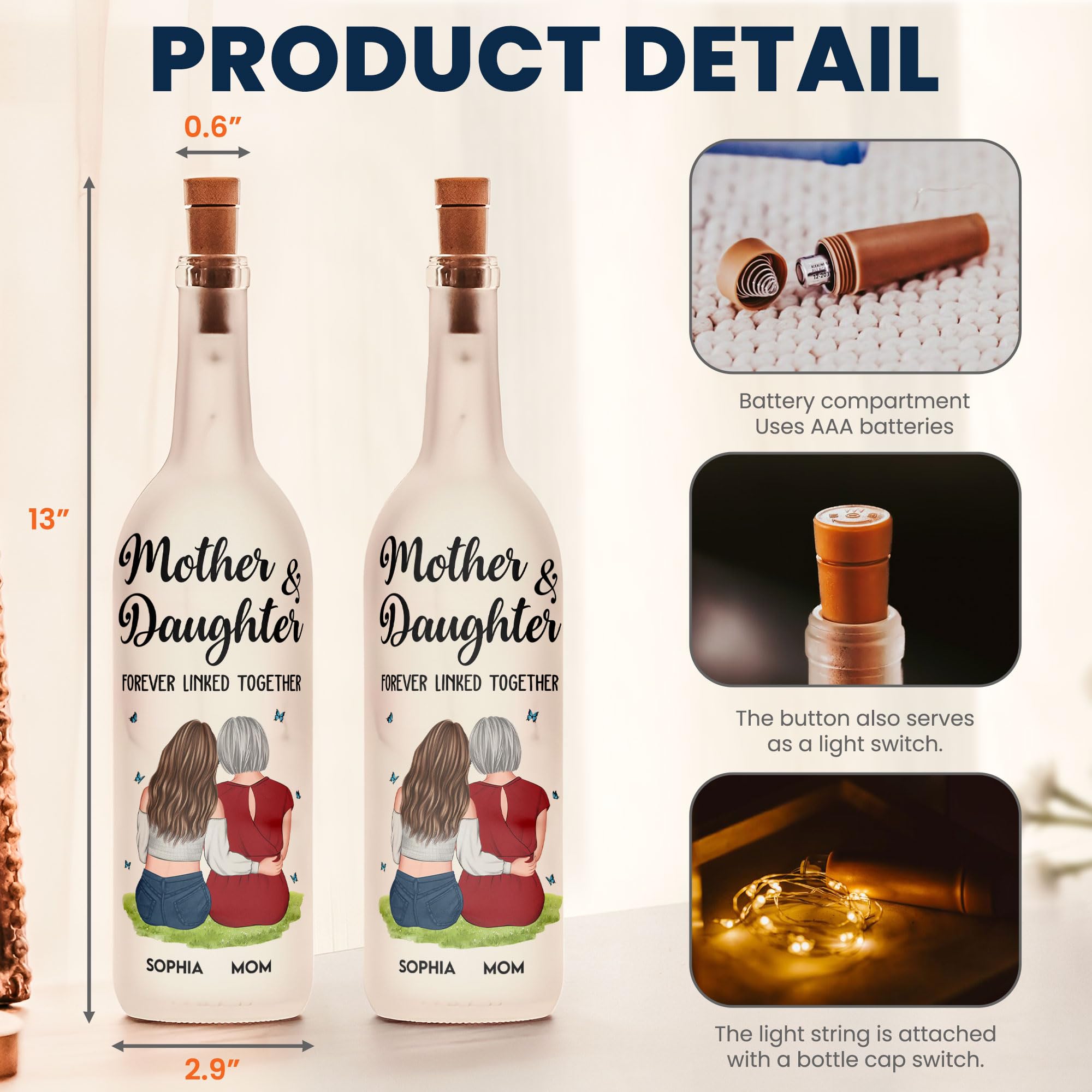 Macorner Personalized Bottle Lamp for Mom, Glass, Model MOM261202VUPG-BOTTLELAMP-UBL-01, Color A1 - 1 Daughter, Perfect Gift Idea
