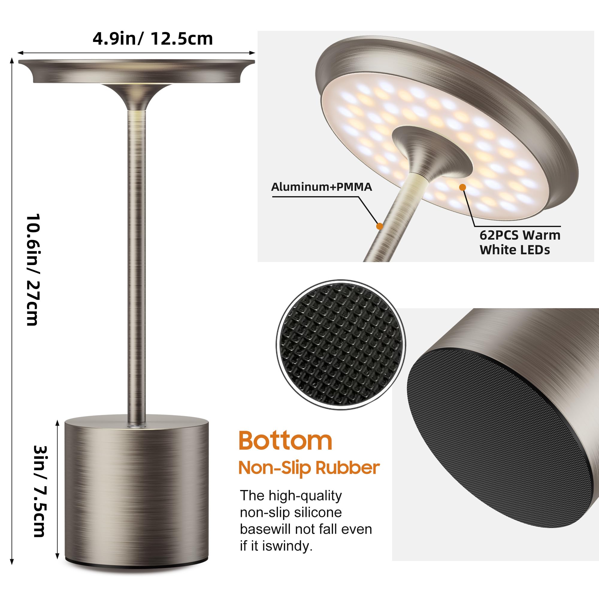 Cordless Table Lamp, Portable Rechargeable 6000Mah Outdoor Table Lamp, 3 Color Stepless Dimming Battery Powered Lamp, Led Table
