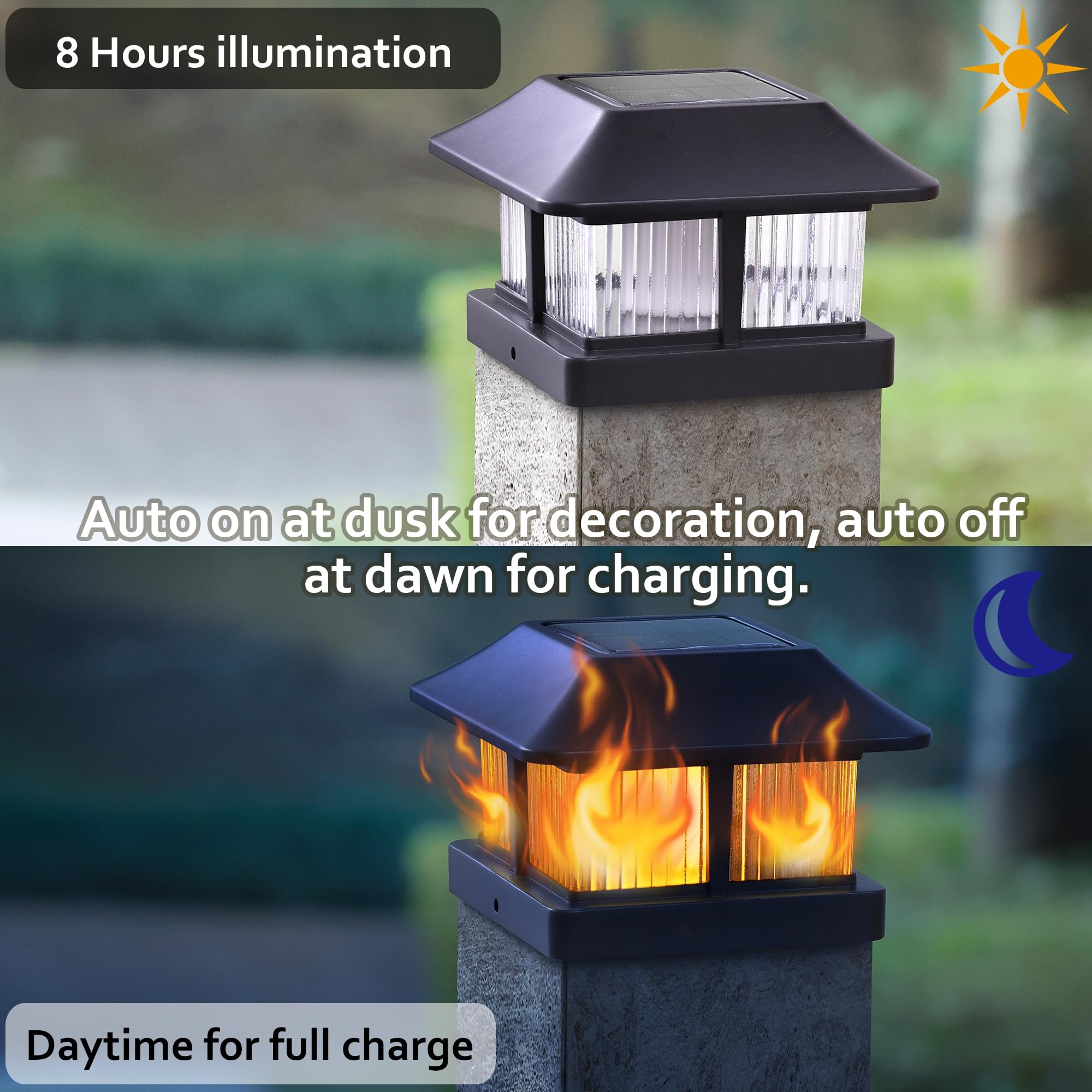 Dynaming Solar Flame Post Cap Lights - Waterproof Flickering LED Lanterns for 4x4, 5x5, 6x6 Posts, 6 Pack, Black